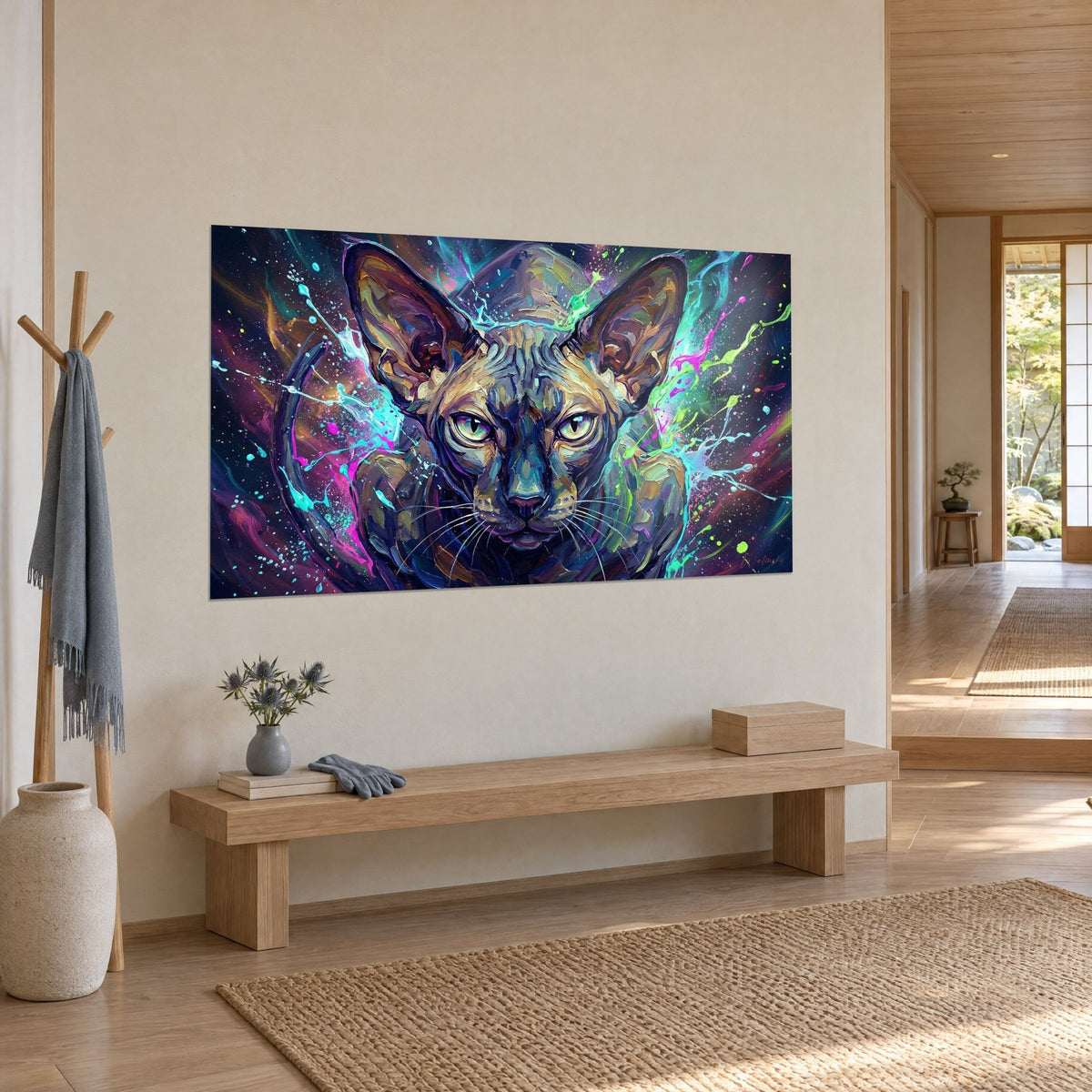 Schilderij sphynx-kat met een bleekgroene blik, limoen- en turquoise druipsporen, hangend aan een beige muur naast een bank van licht hout