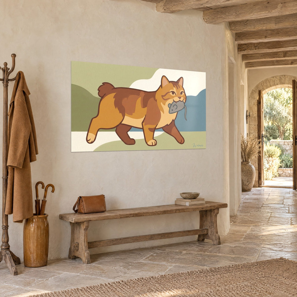 Wall art of a proud American Bobtail striding, orange and caramel coat, short pompom tail, three-quarter view in a stone hallway
