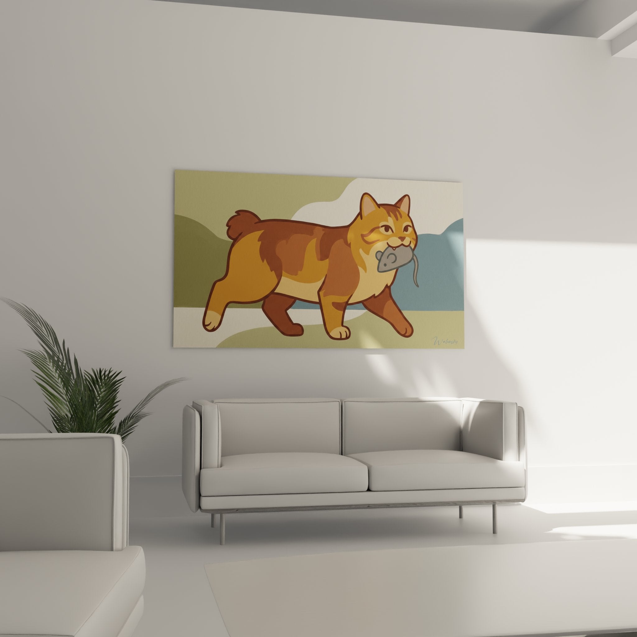Détail du tableau montrant l'expression fière du chat American Bobtail roux avec sa proie dans la gueule