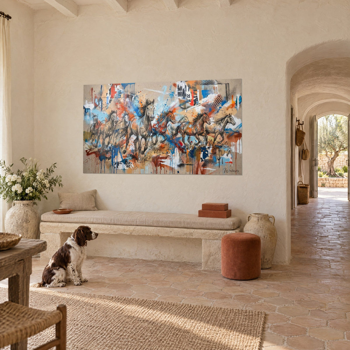 Quadro di una mandria di cavalli al galoppo sfrenato, colature blu cobalto e ruggine, vista a tre quarti sopra una panca di pietra