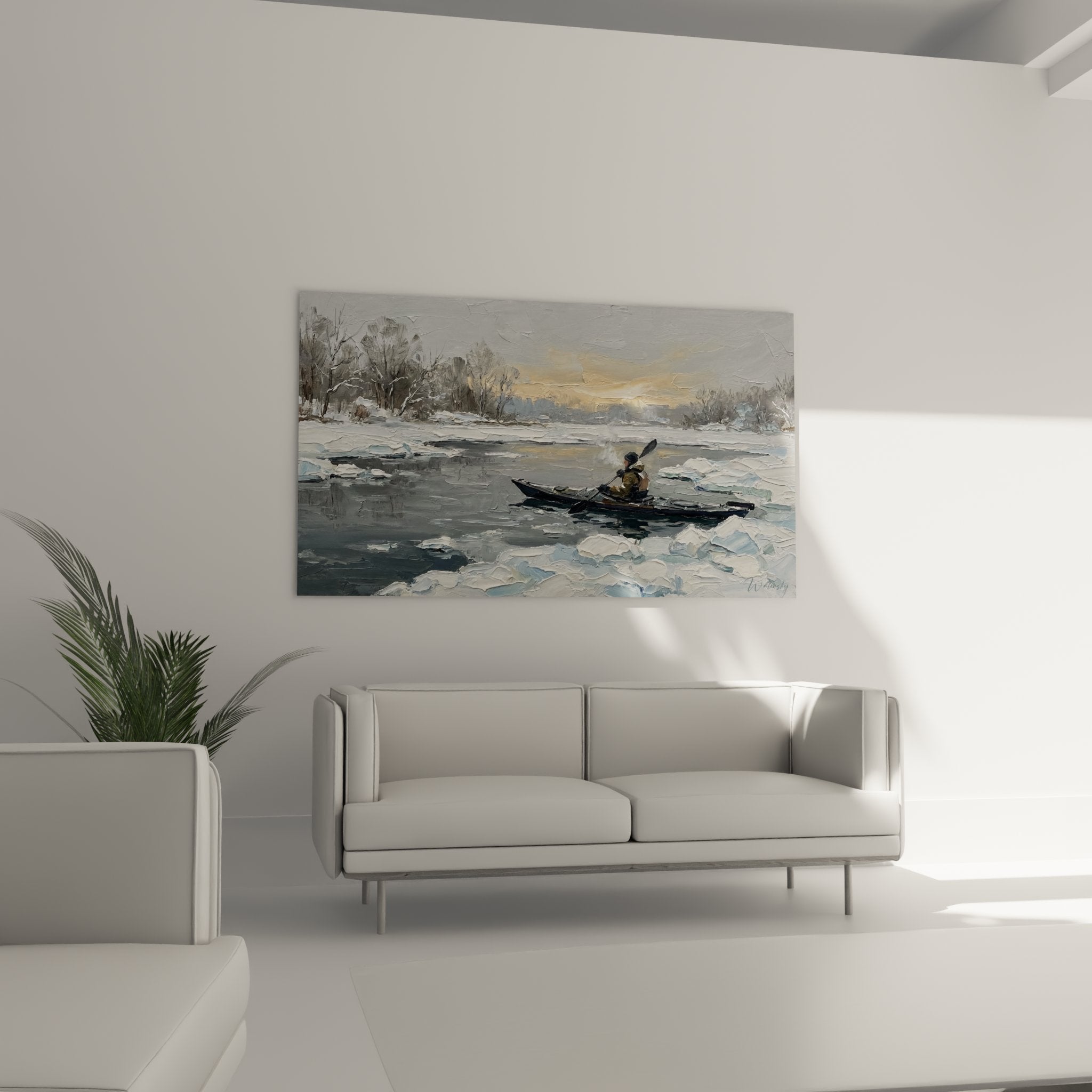 Detail tableau kayak hiver showing texture peinture glace brisee et kayakeur avec pagaie sur eau glaciale