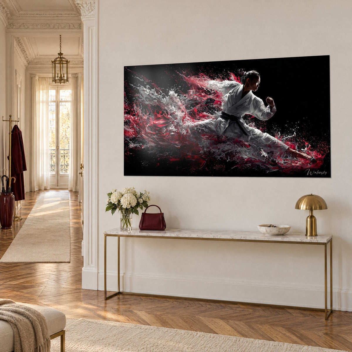 Wall art karate fighter with black belt bursting out of carmine and silver shards on a dark background, gilded console, Haussmann apartment