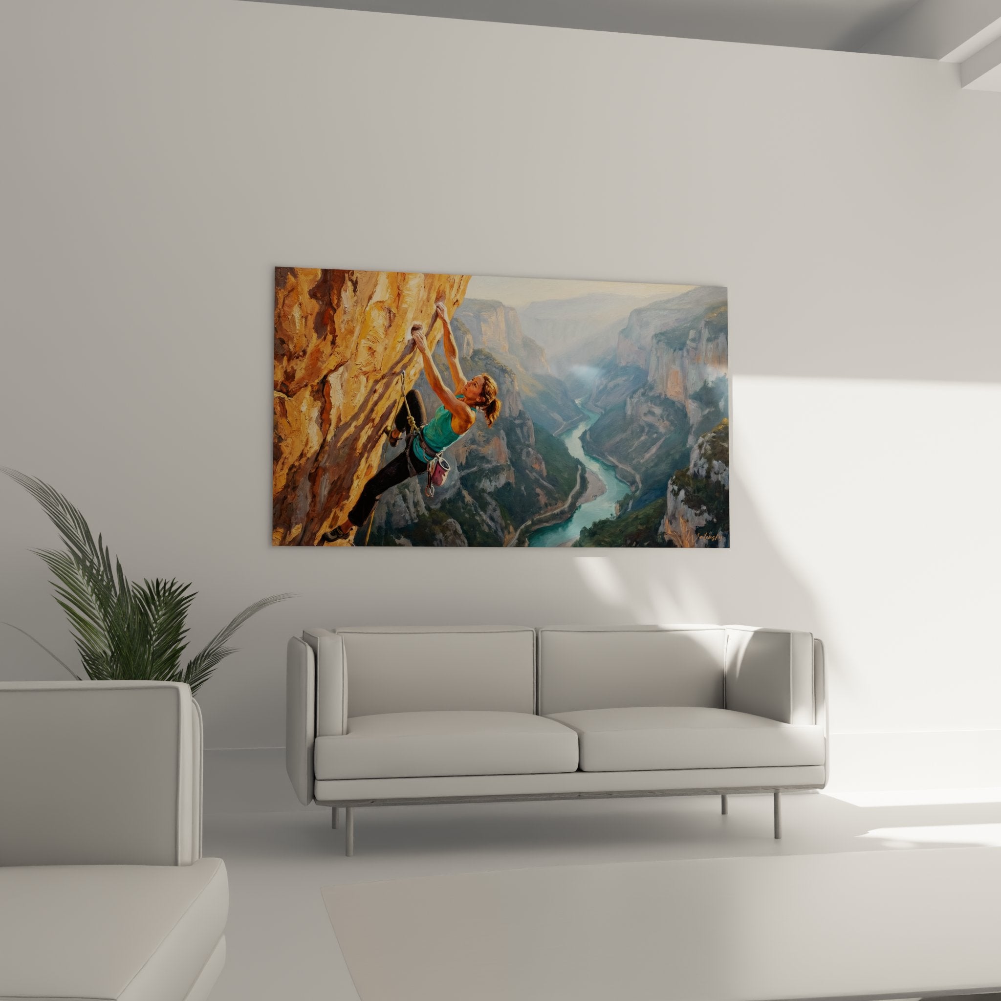 Détail tableau escalade montrant technique grimpe et expression concentration de la grimpeuse sur roche