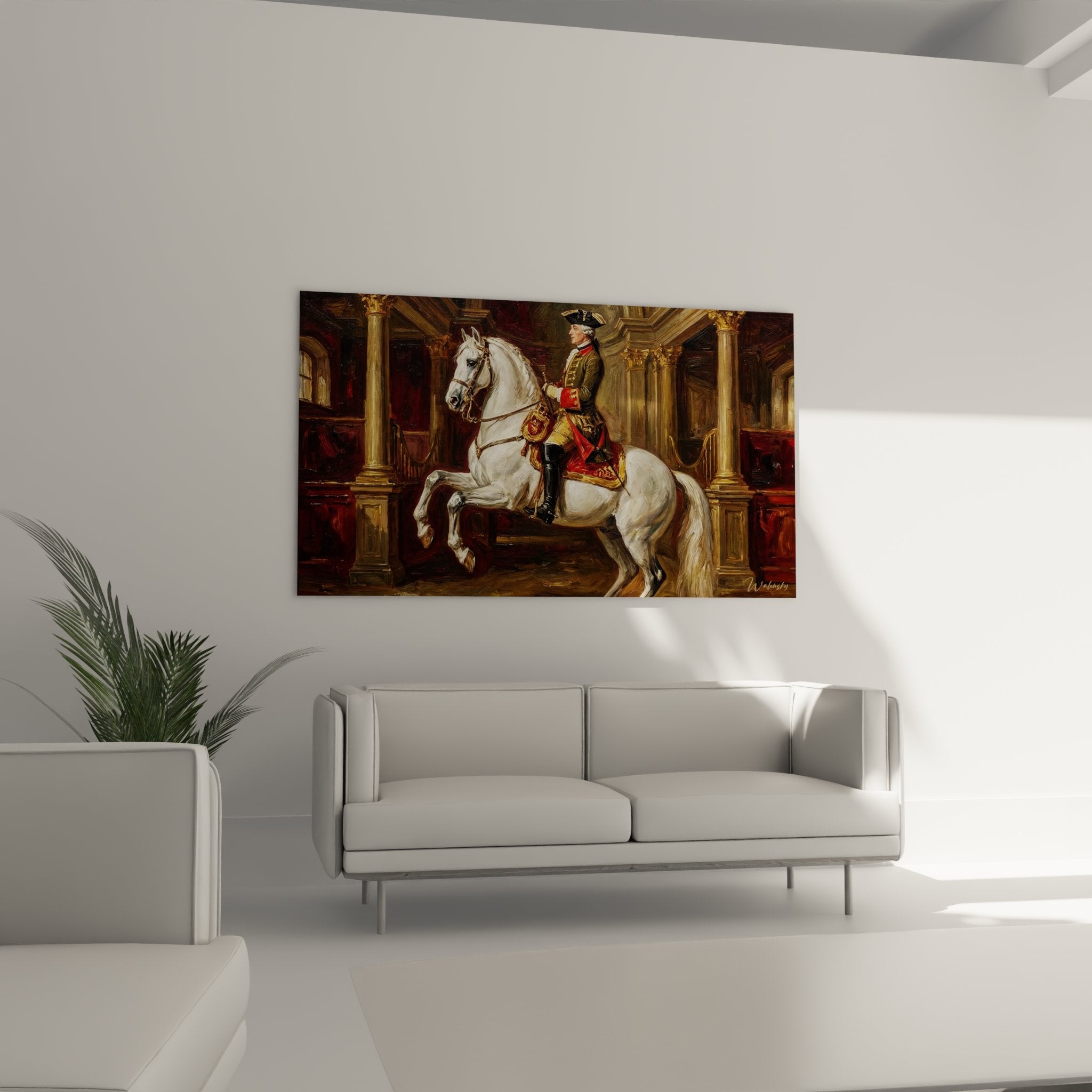 Details des Pferdegemäldes mit königlichem Reiter und weißem Pferd in Levade, klassischer Stil