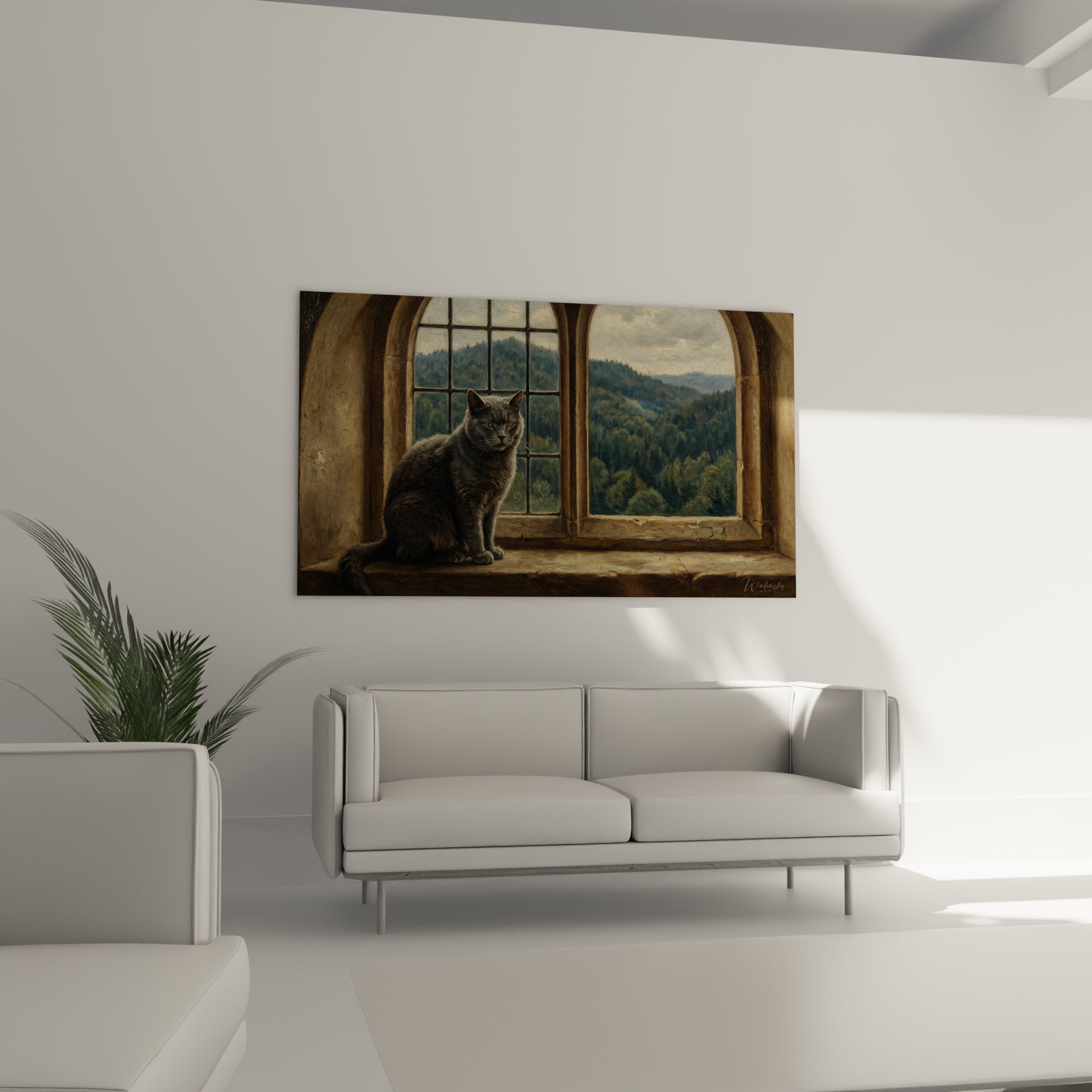 Primo piano quadro gatto certosino dal mantello grigio-blu dettagliato seduto davanti a finestra in legno patinato autentico