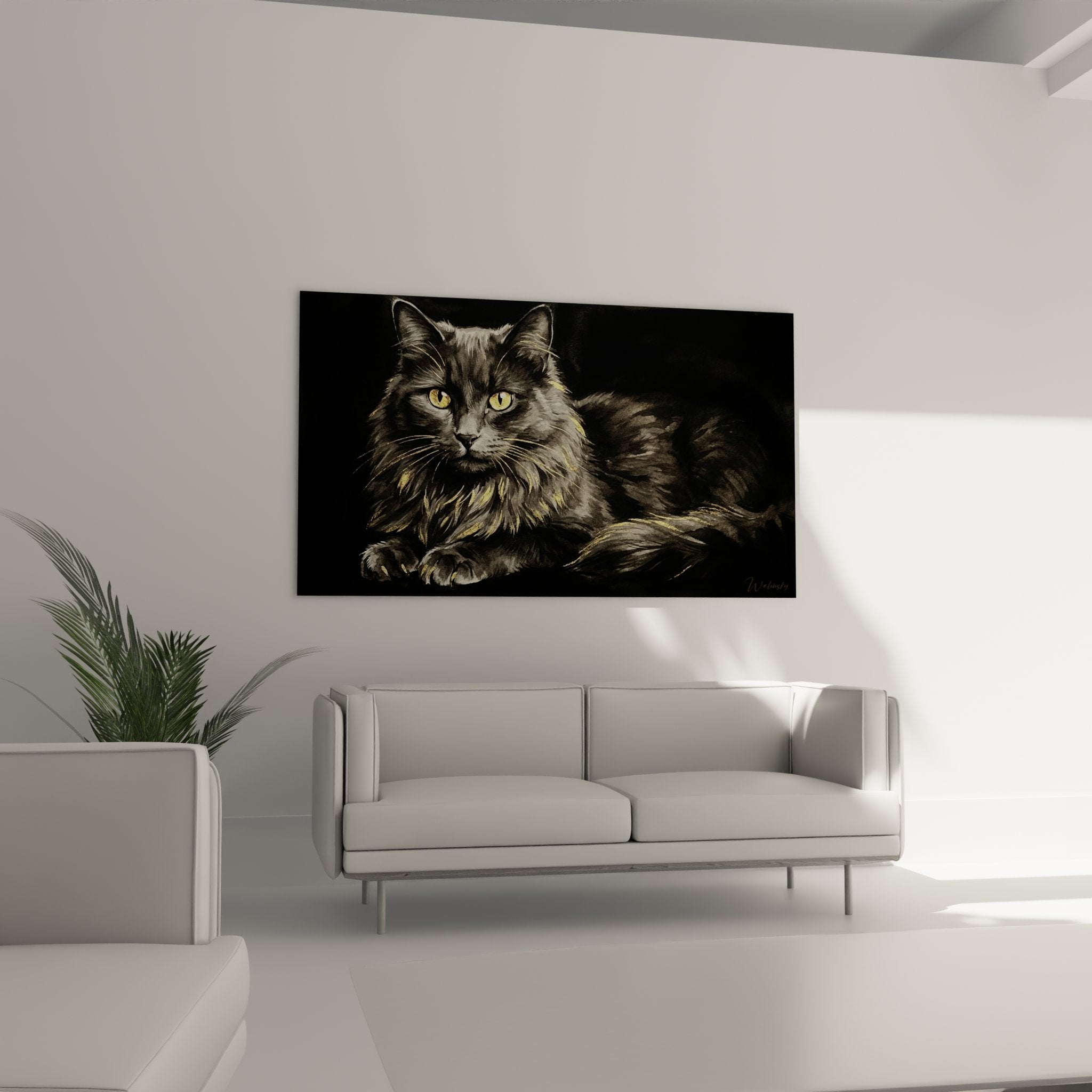 Primo piano occhi dorati gatto Nebelung, dettaglio artistico del manto grigio-blu, espressione maestosa felina