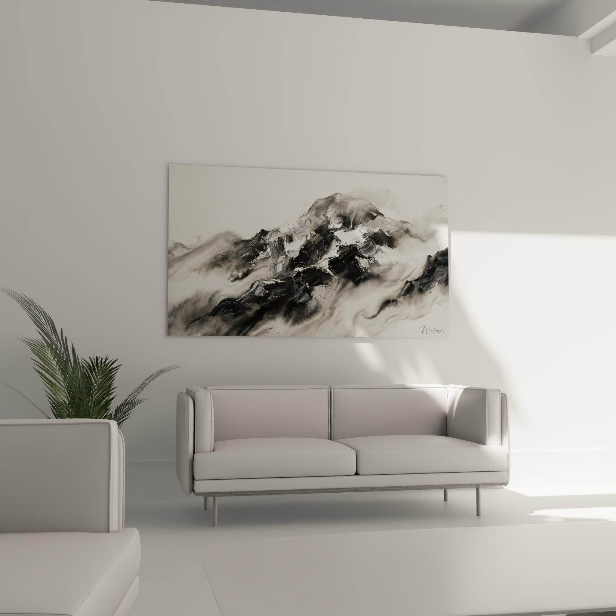 Snowy mountain painting detail showcasing watercolor technique and expressive brushstrokes in shades of gray