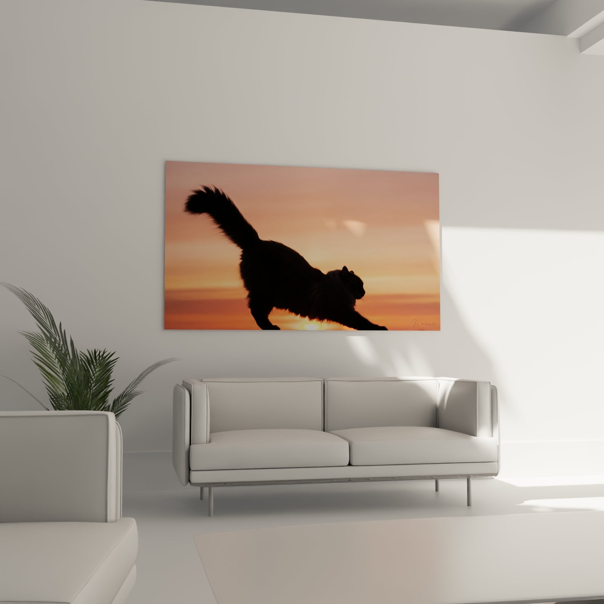 Dettaglio del quadro che mostra la texture del pelo del gatto controluce con le sfumature del cielo