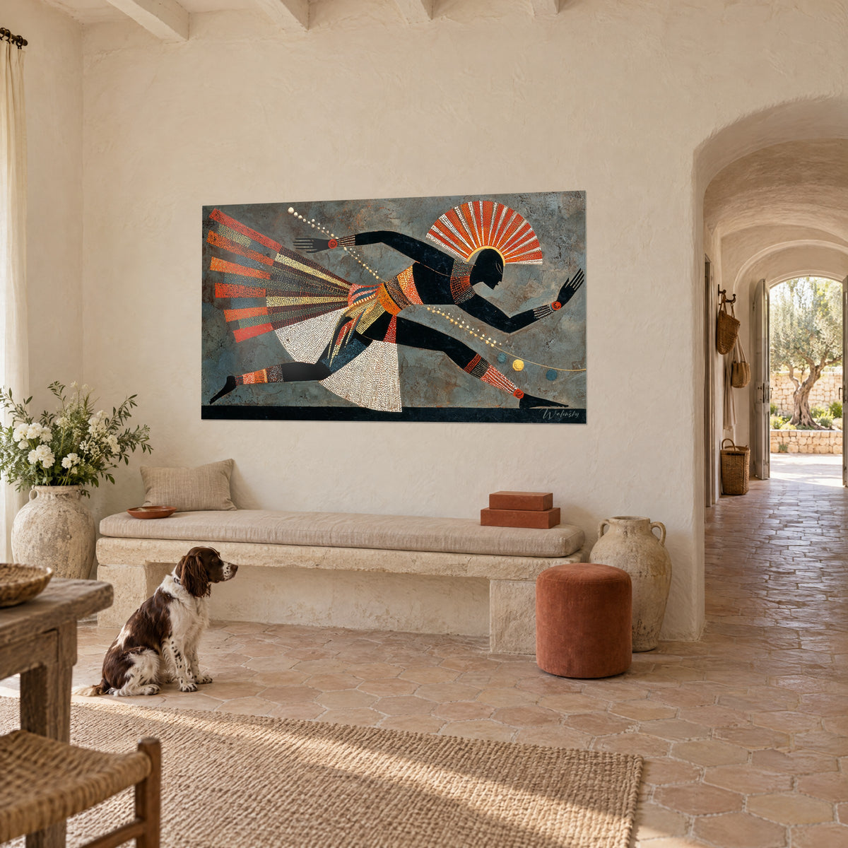 Wall art of a black silhouette in full stride, brick-red feathers and ivory pearl necklace, in a Provençal farmhouse, seated spaniel