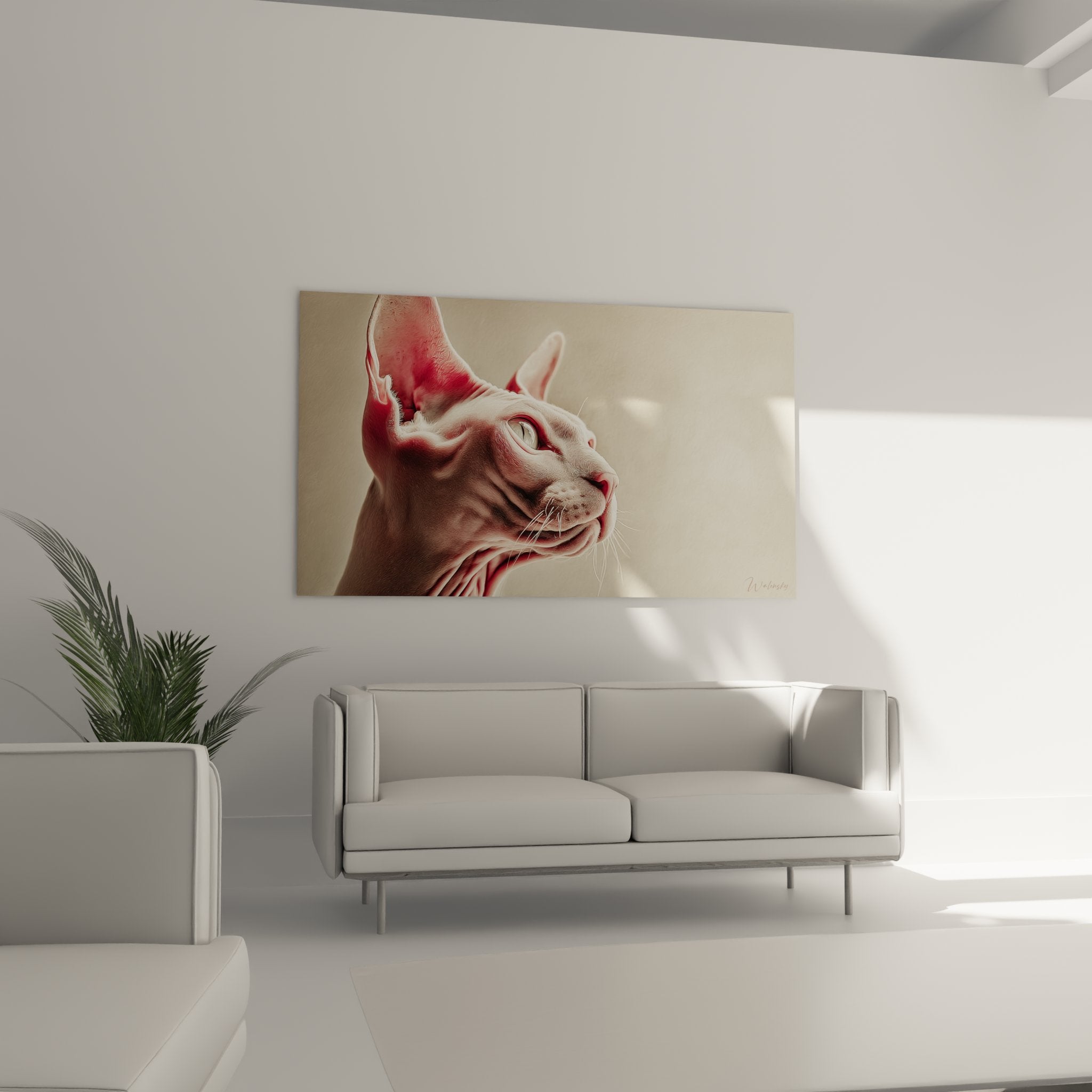 Dettaglio del ritratto del gatto Sphynx, espressione facciale delicata e sguardo penetrante, arte murale felina