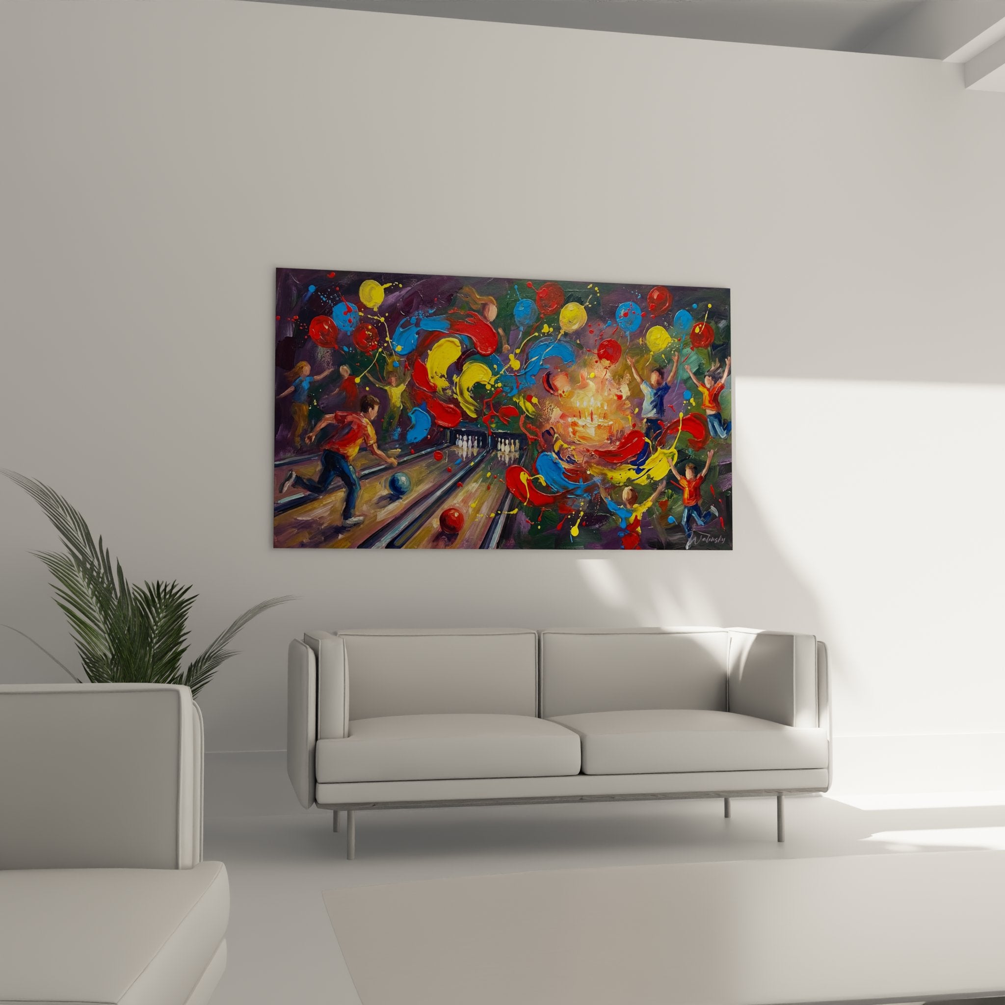 Detail of the bowling painting showing vibrant colors and expressive painting technique