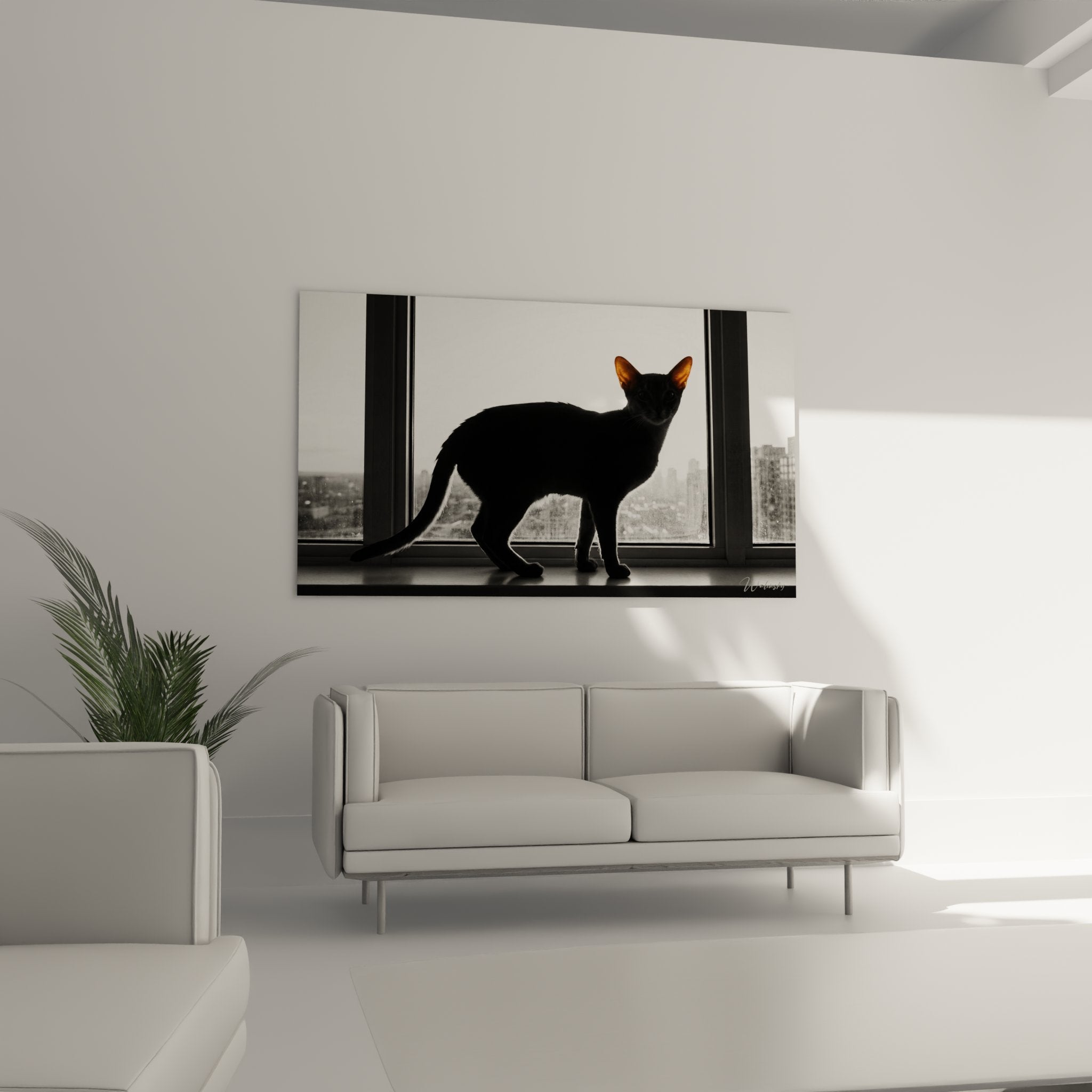 Detail of Abyssinian cat profile silhouette painting, glowing golden ears contemporary feline wall art