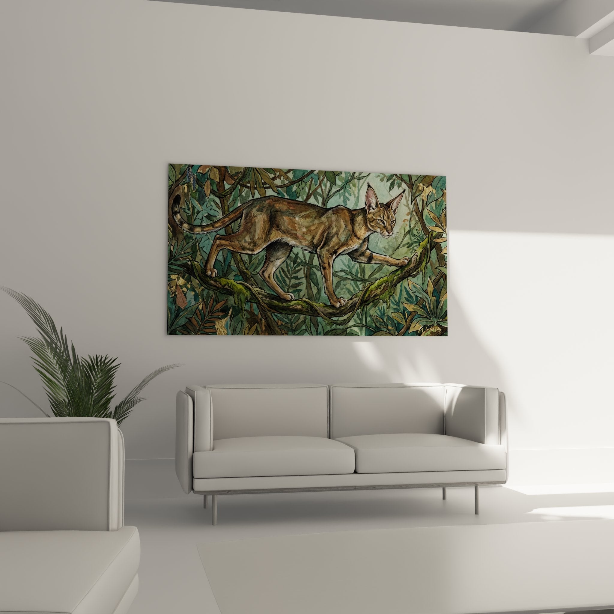 Détail artistique du chat sauvage aux yeux perçants évoluant gracieusement dans la végétation tropicale dense