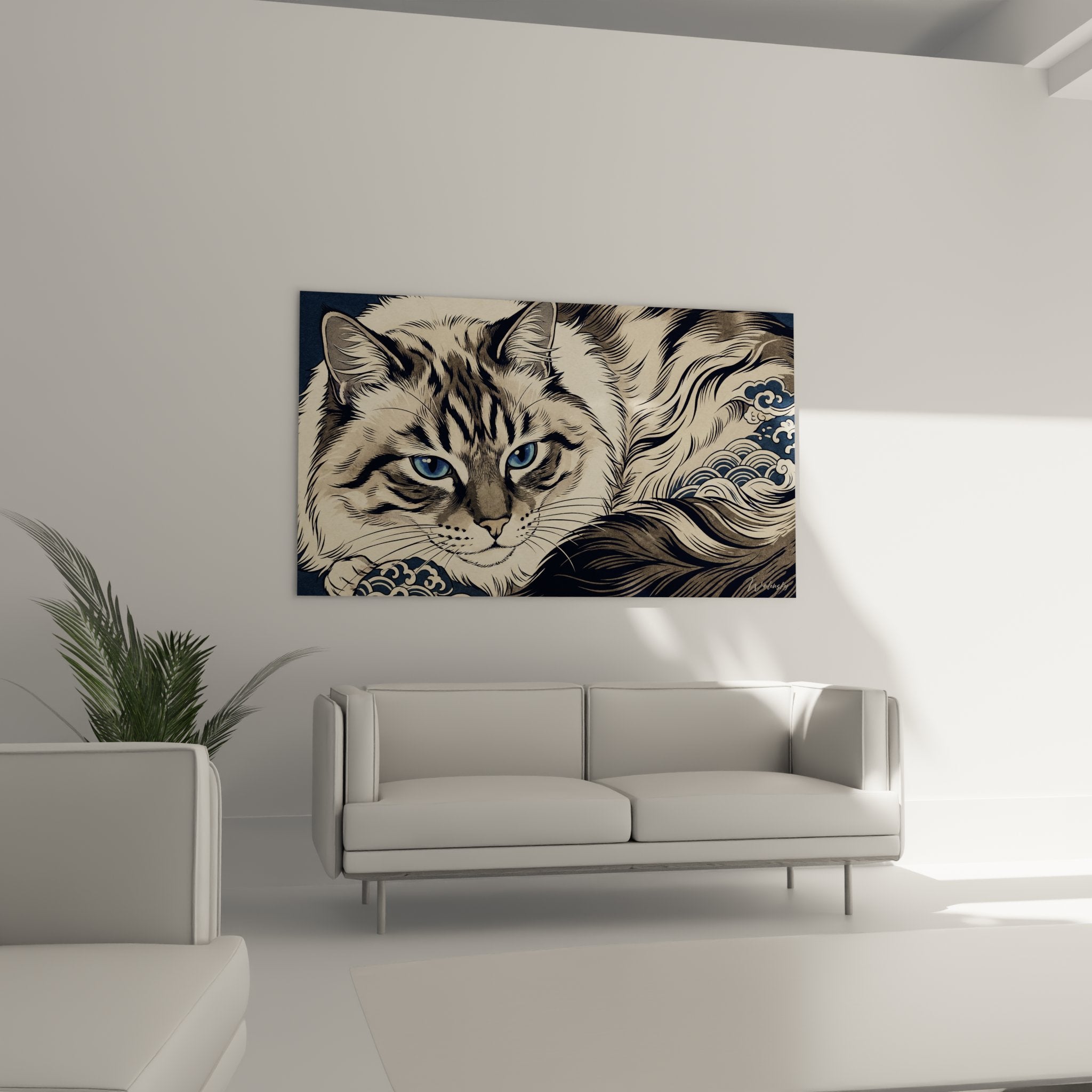 Primo piano quadro gatto Ragdoll mantello crema occhi blu penetranti dettagli artistici stile giapponese moderno