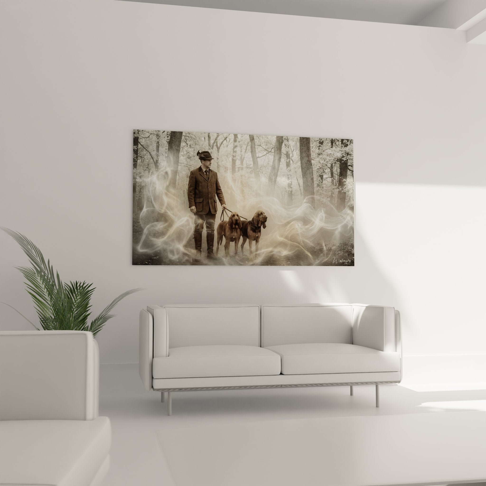 Détail rapproché chasseur en tweed et ses chiens courants entourés de fumée mystique dans forêt automnale