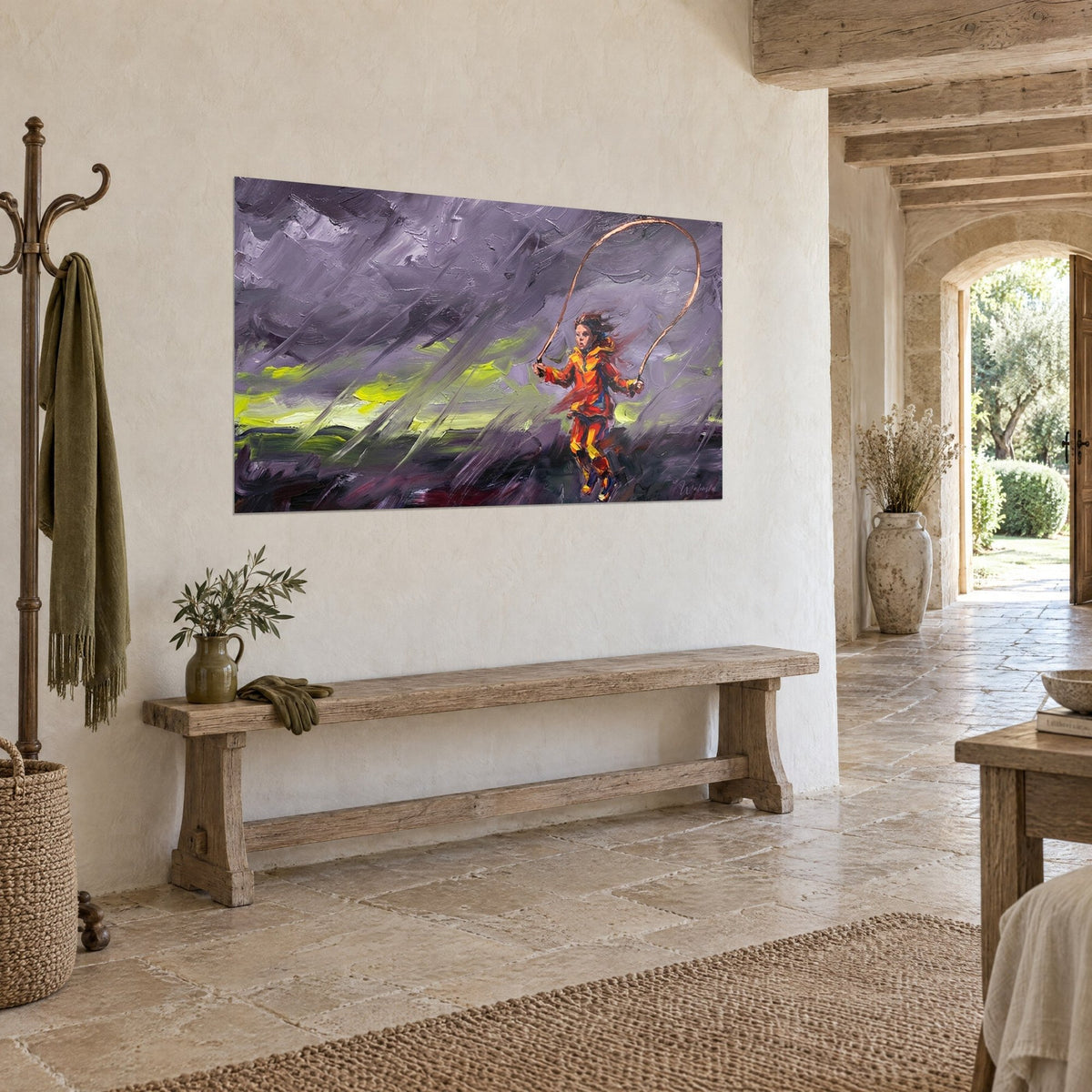 Wall art child in red and yellow waxed fabric leaping, arched copper rope, mauve sky and acid-green grass, stone hall