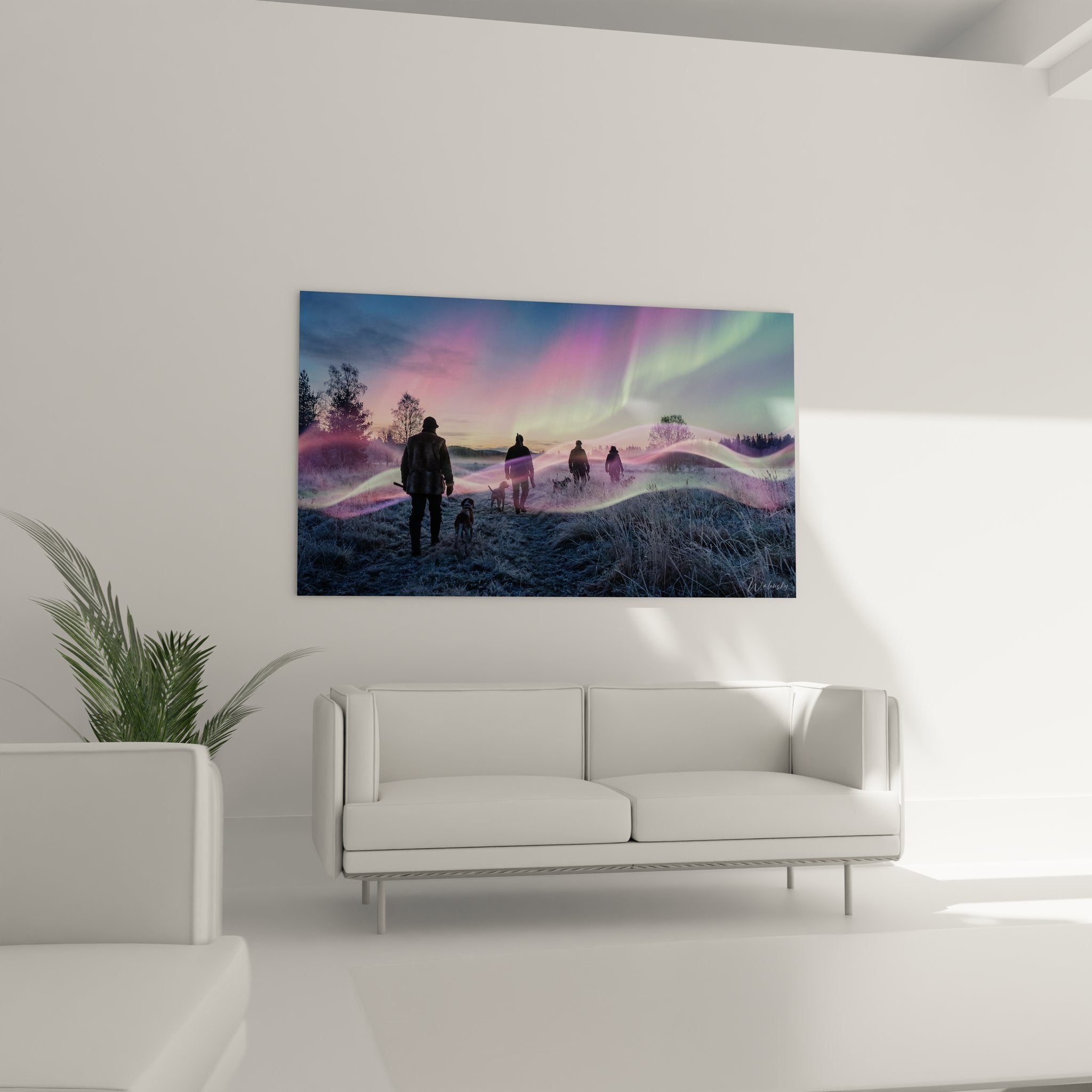 Détail tableau chasse nocturne - chasseurs et chiens sous ciel illuminé aurores boréales roses et vertes