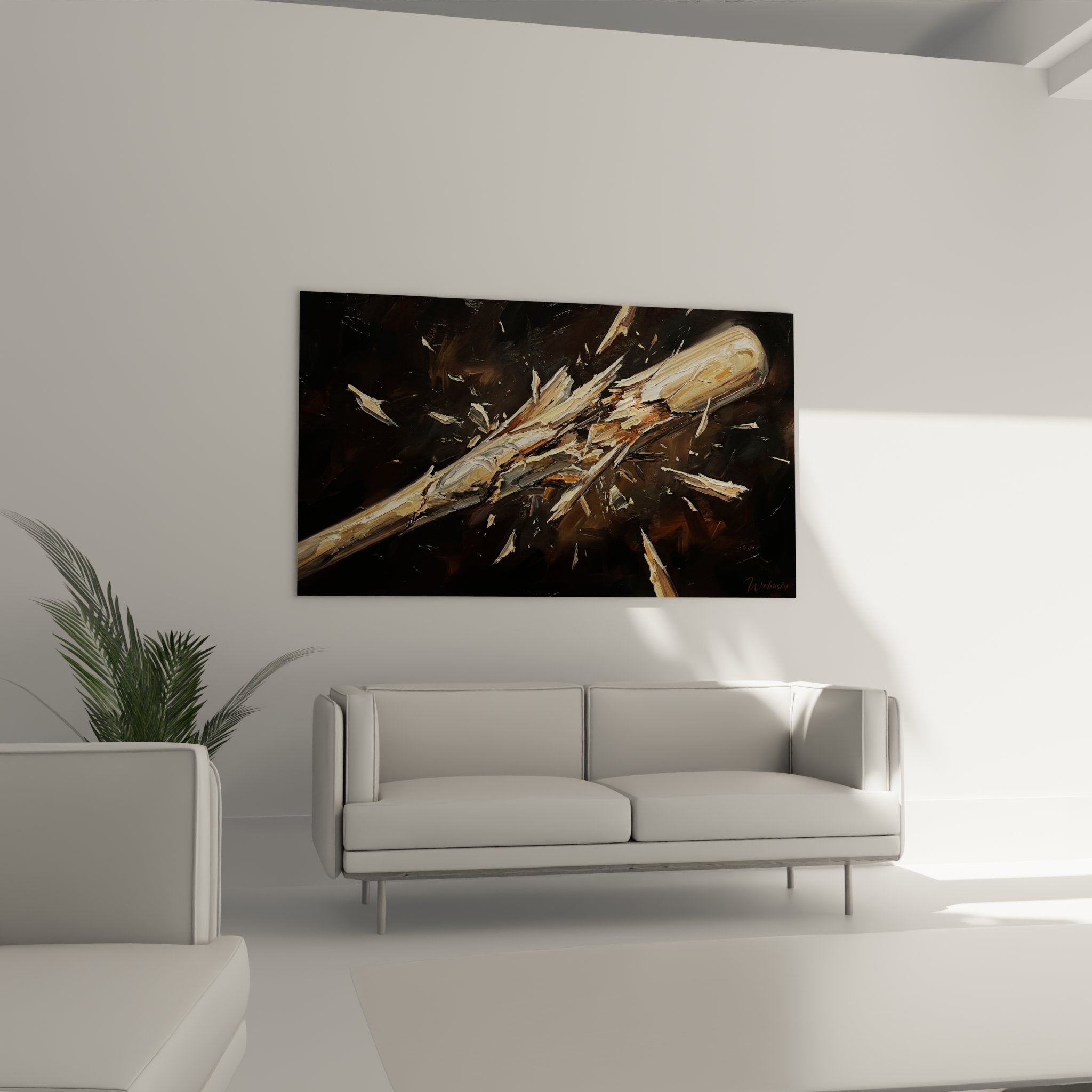 Detail artistique des fragments de bois de batte baseball disperses peinture expressionniste