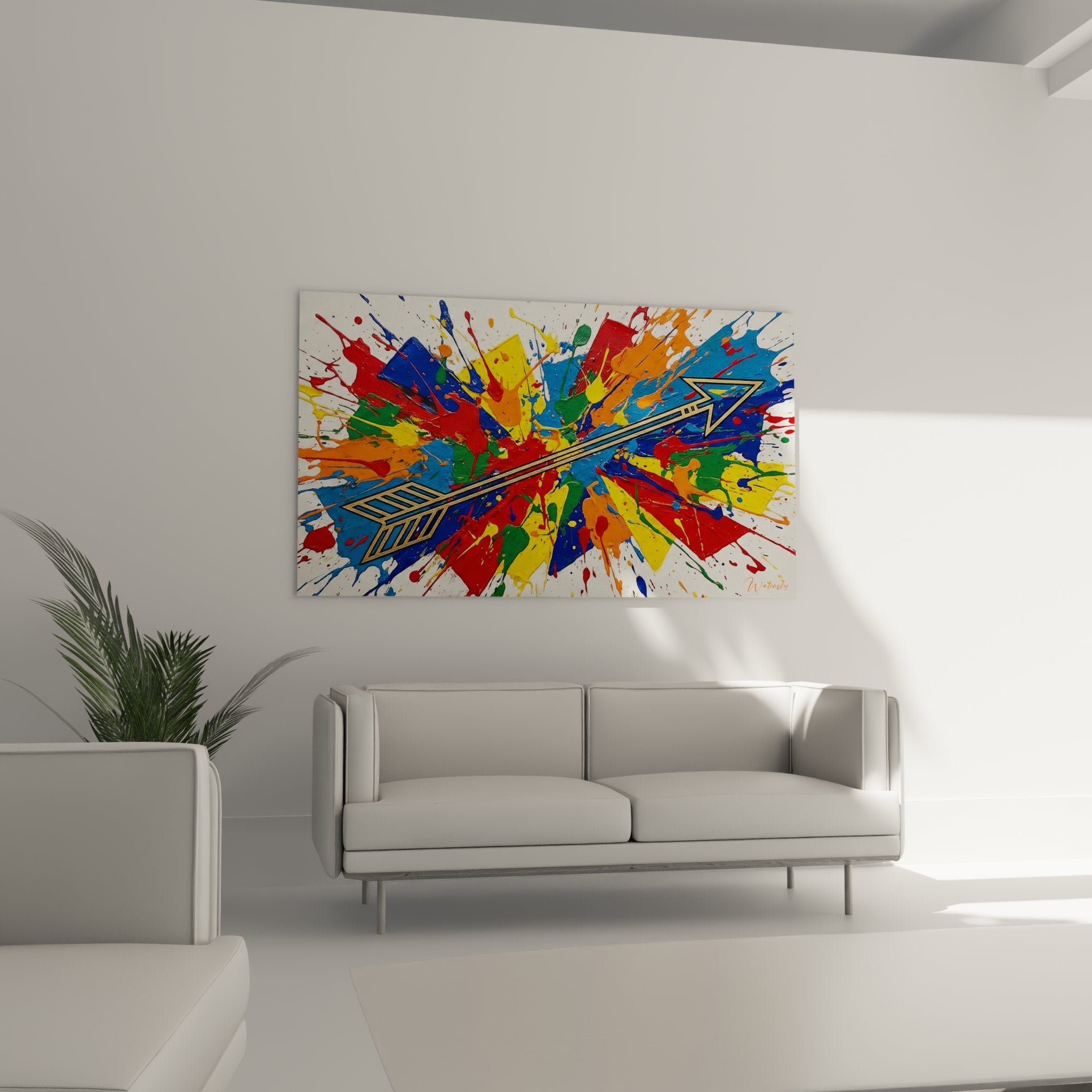 Close-up detail golden arrow geometric wall art with multicolored paint projections