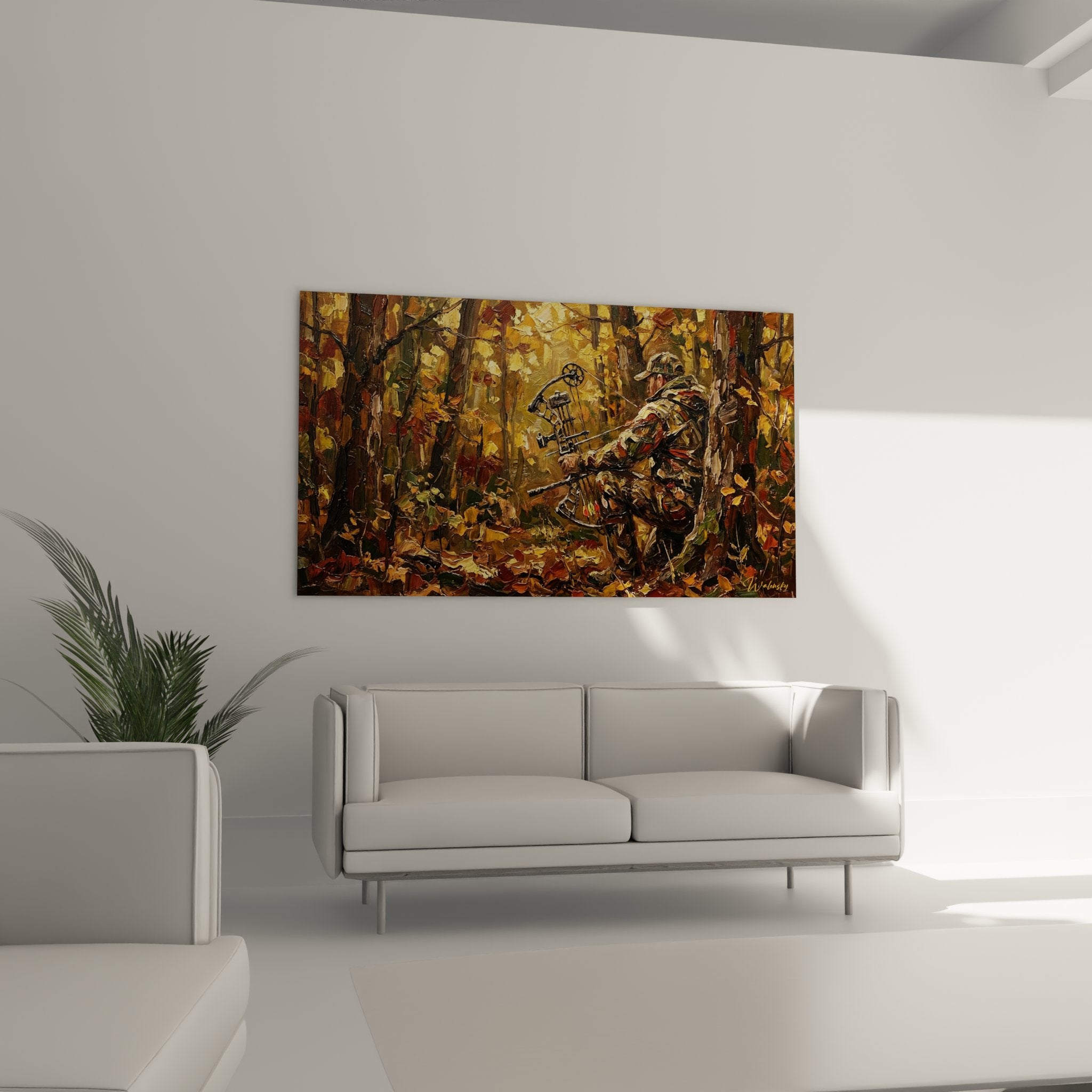 Dettaglio dipinto arciere nella foresta, tecnica di impasto visibile, foglie dorate e attrezzatura per il tiro con l'arco