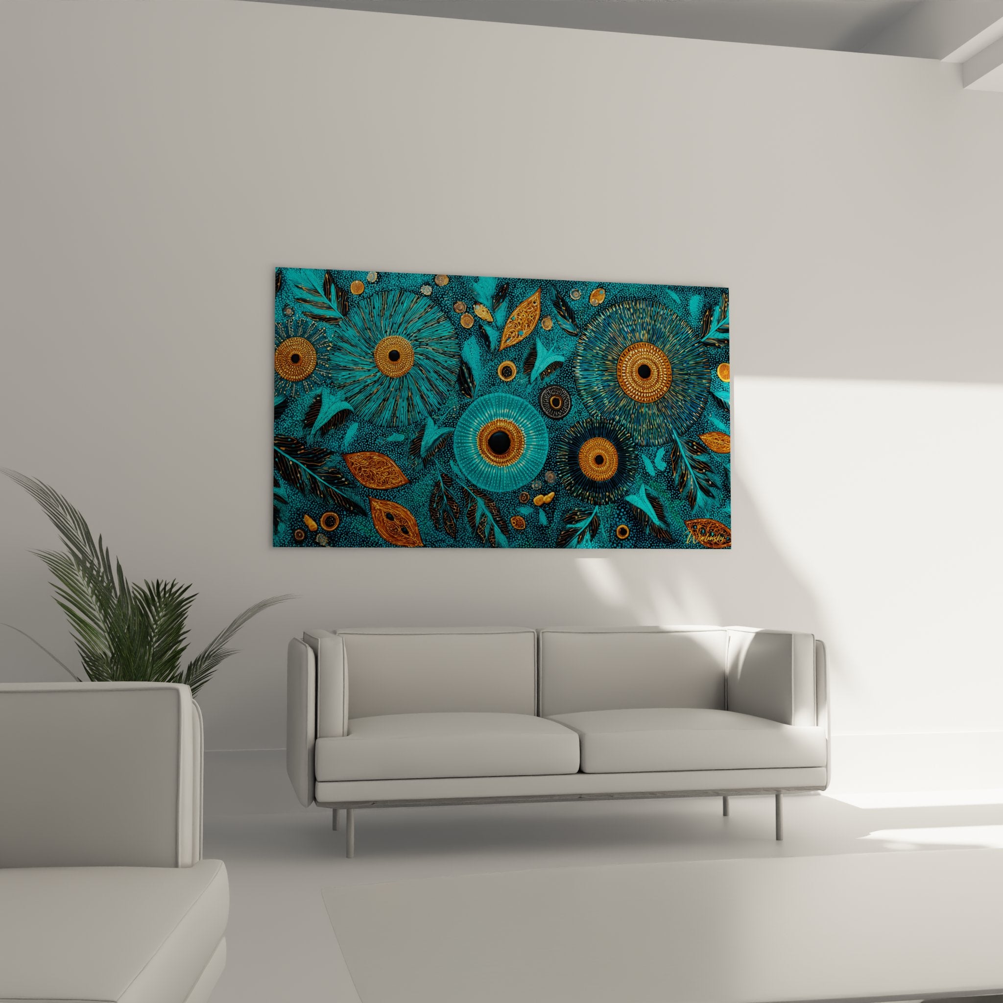 Nahaufnahme eines afrikanischen Gemäldes mit pointillistischen Mustern in Türkis und Kupfer, stilisierte Blattmotive