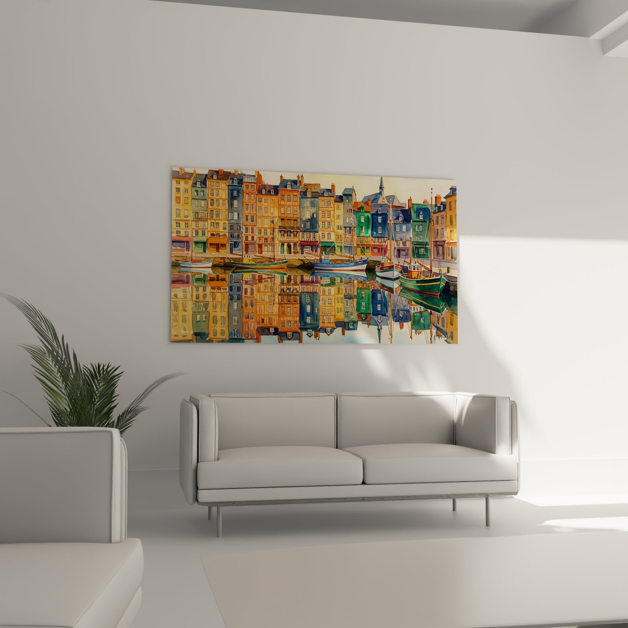 Nahaufnahme des Gemäldes Honfleur mit Maltechnik der farbigen Fassaden und Spiegelungen im Hafenwasser