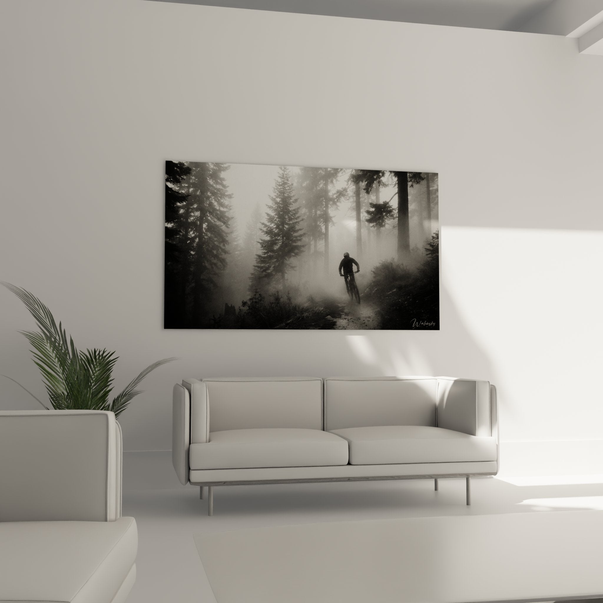 Détail tableau VTT qualité impression toile silhouette vététiste brouillard forêt conifères