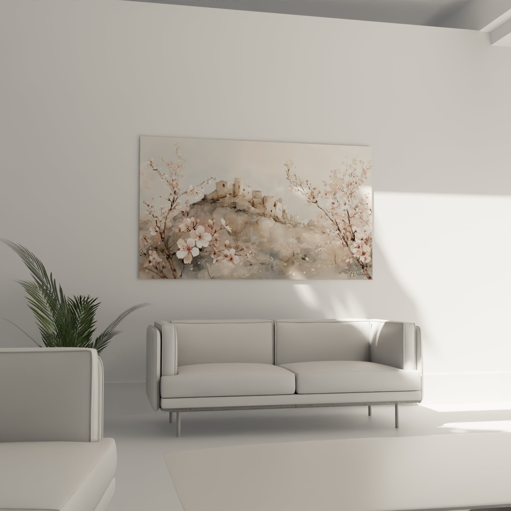 Détail fleurs de cerisier roses et blanches, technique aquarelle délicate, art mural provence