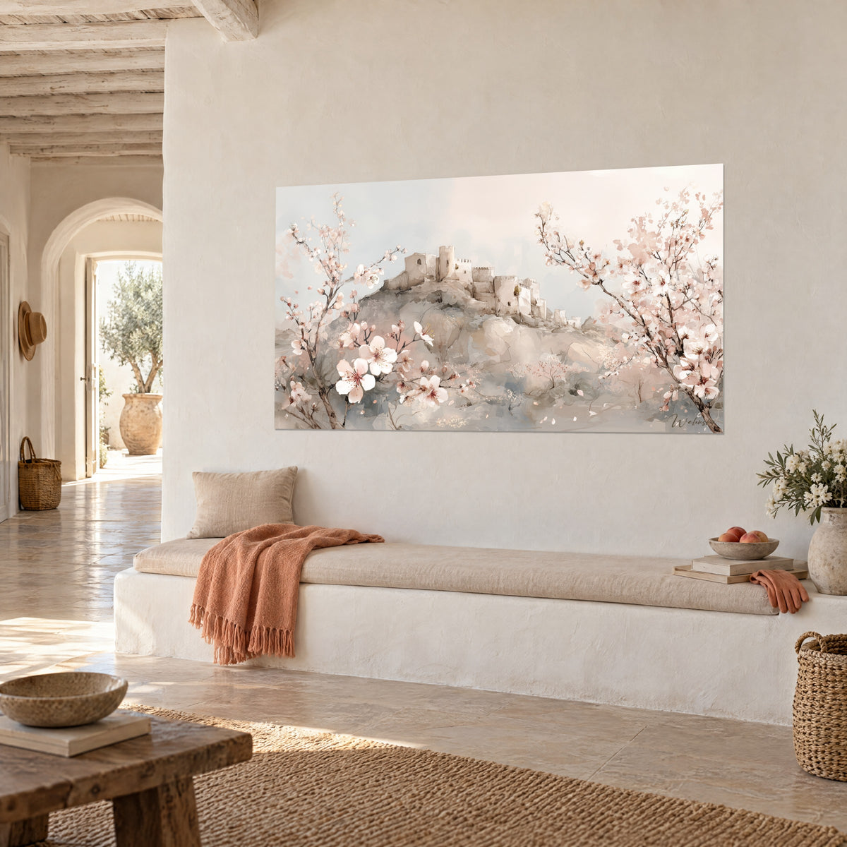 Gemälde Burg auf ihrem felsigen Hügel, puderrosa und beige blühende Zweige, schräg hängend in einem mediterranen Haus