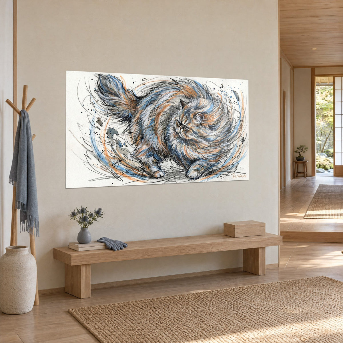 Wall art long-haired feline with tousled grey fur, stern gaze, black ink splatters, seen three-quarters on a beige wall