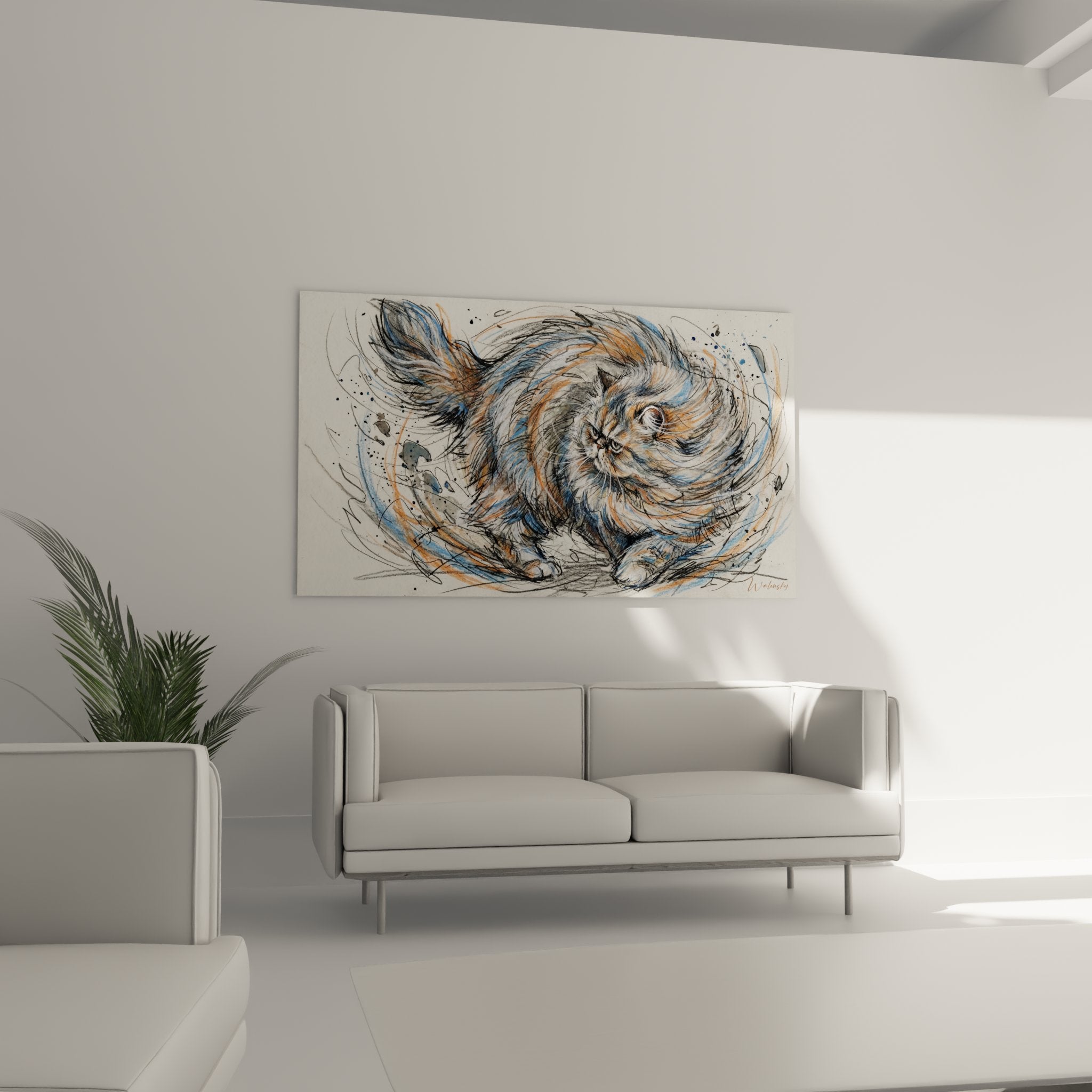 Detail tableau chat persan peinture expressionniste coups pinceau dynamiques palette coloree