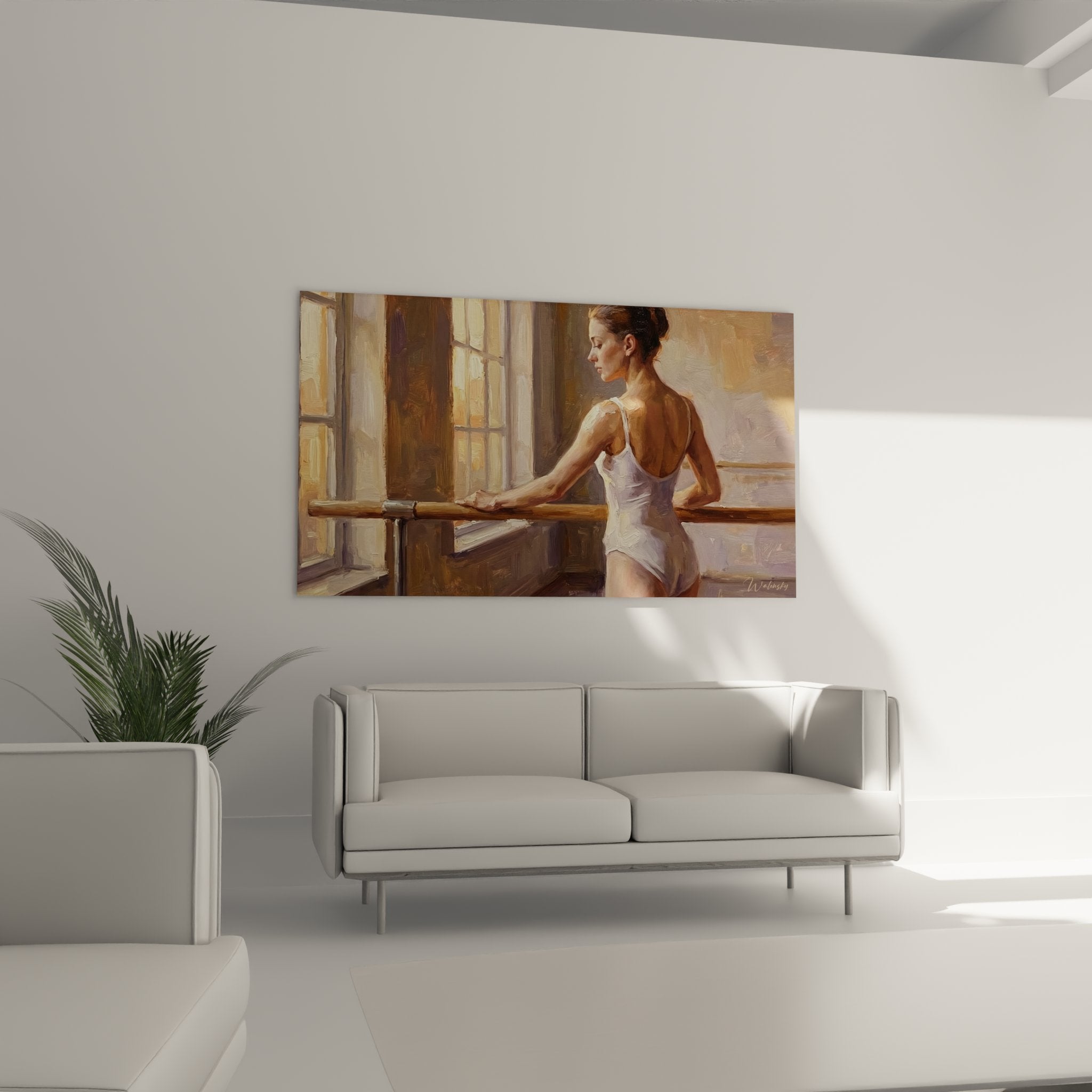 Dettaglio quadro ballerina alla sbarra, tecnica pittorica realistica, gioco di luci e ombre studio di balletto