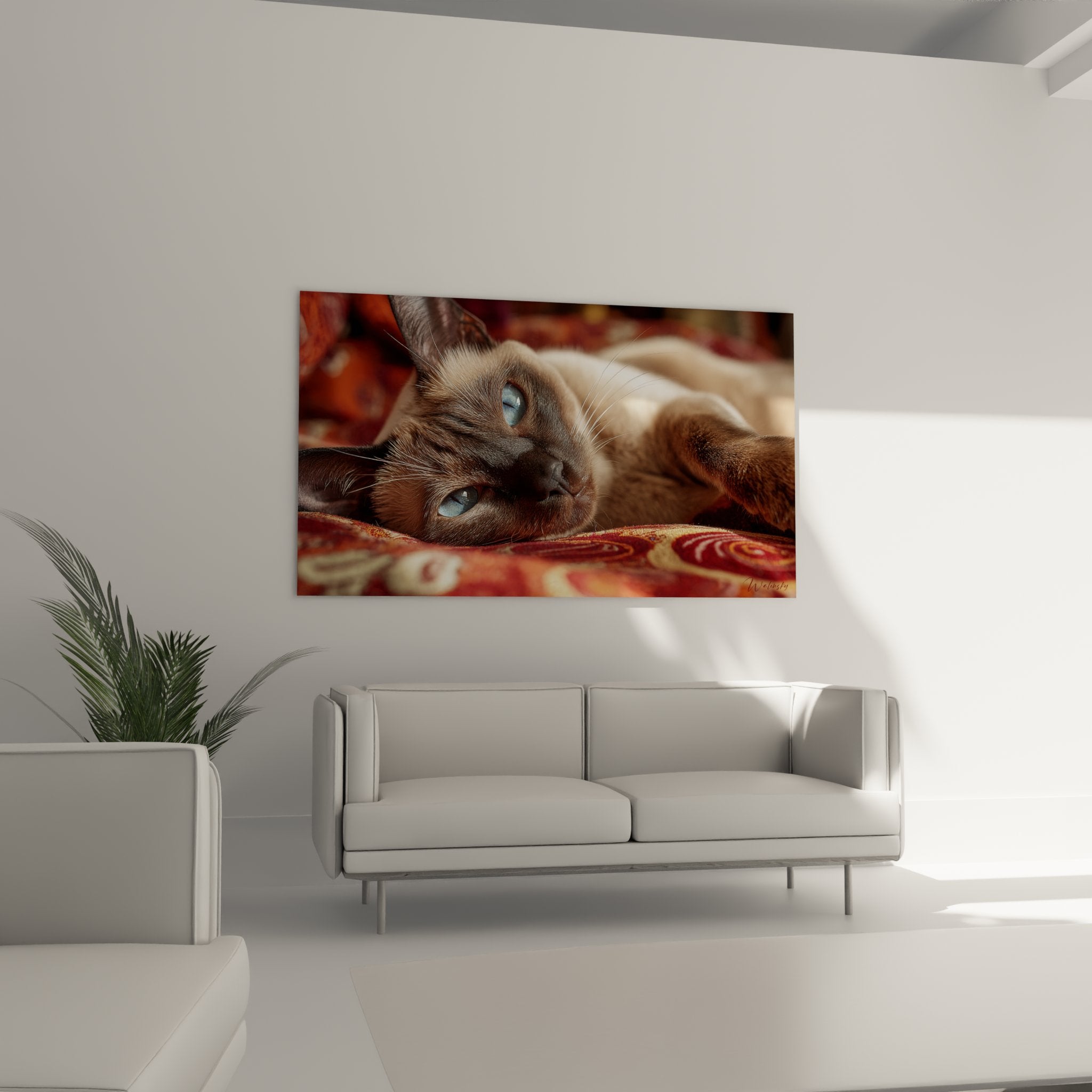 Gros plan tableau chat Tonkinois, détails pelage soyeux et yeux bleus perçants, qualité artistique