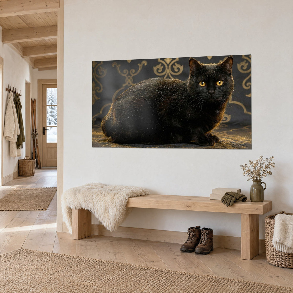 Tableau félin de velours sombre couché, regard ambre perçant devant des arabesques dorées, vu de biais dans une entrée chalet