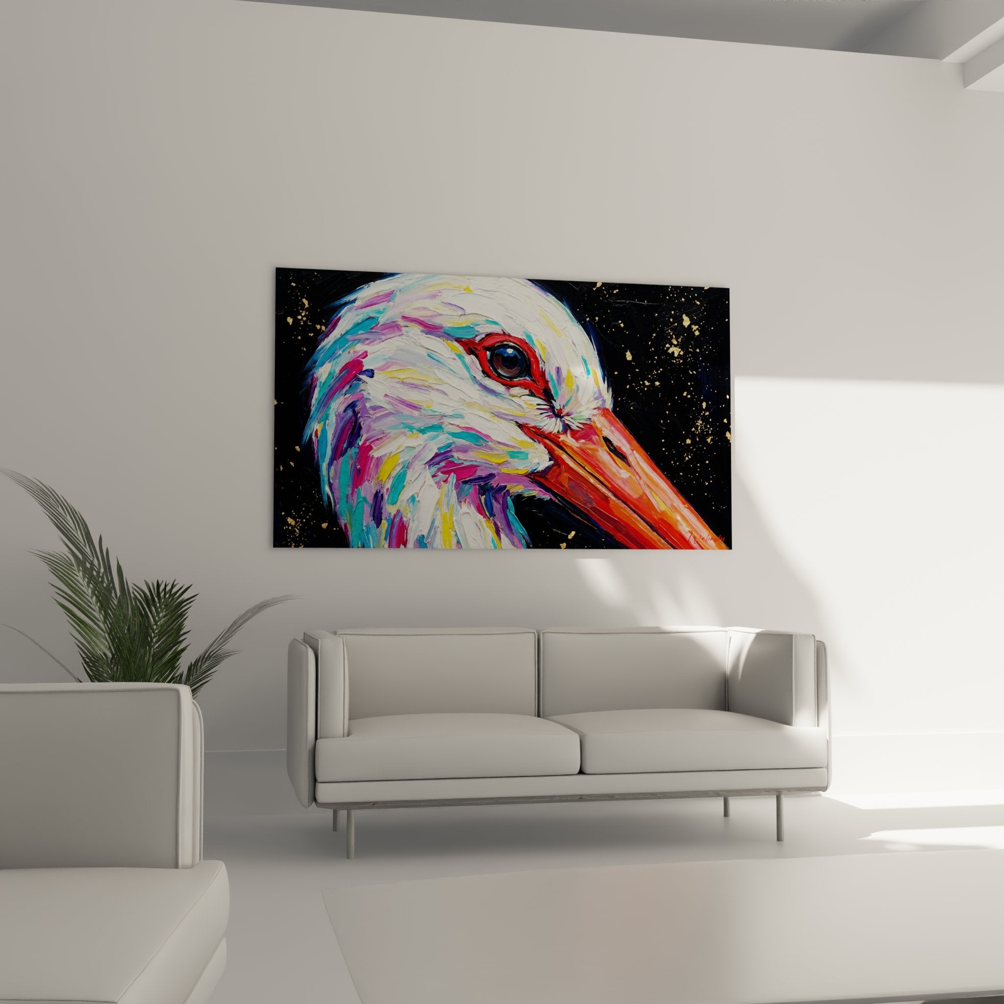 Gros plan tableau cigogne expressionniste - détails plumage coloré rose violet turquoise sur toile artistique