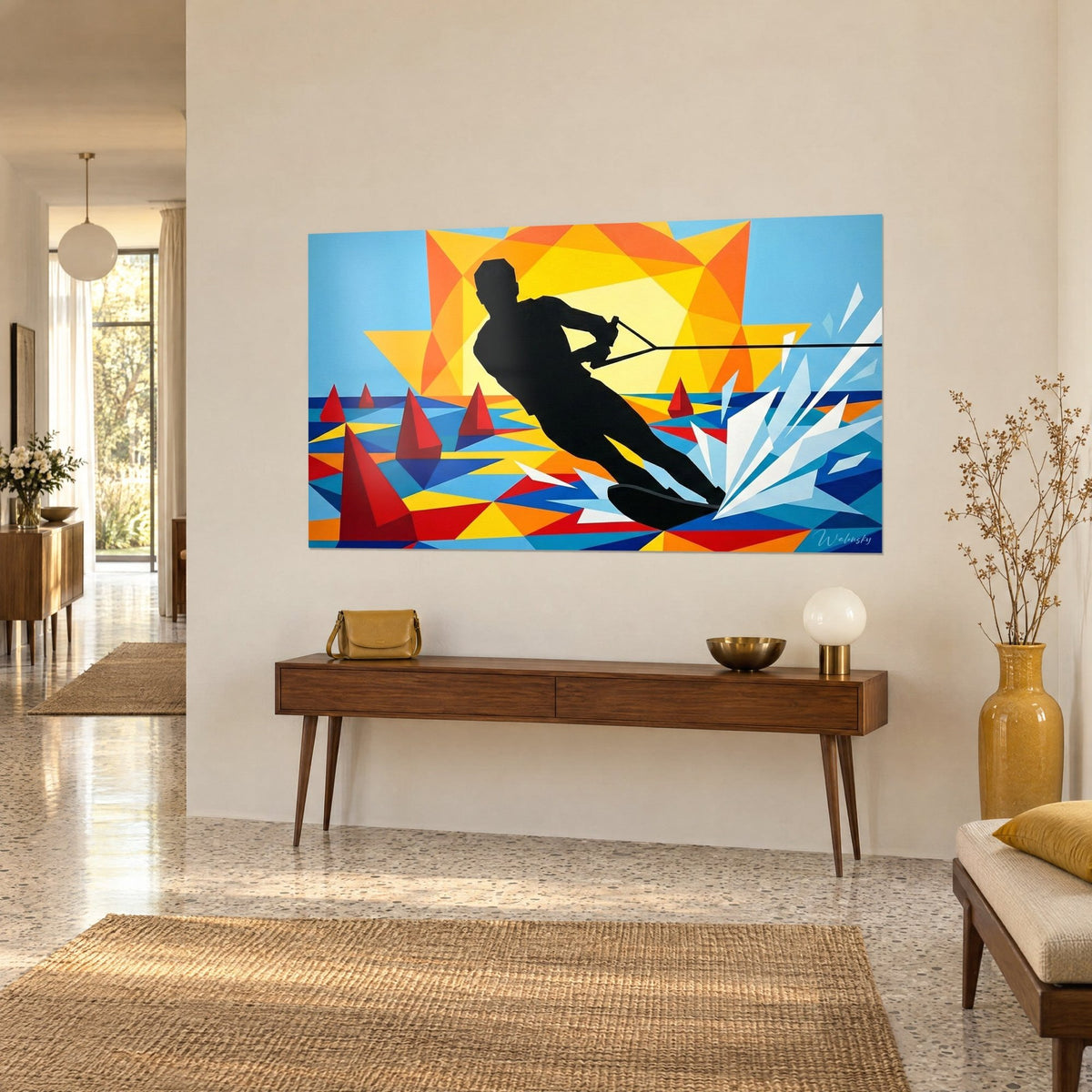 Tableau silhouette d'un wakeboardeur penché tenant sa corde, mosaïque bleue et rouge, sur une console en bois dans l'entrée