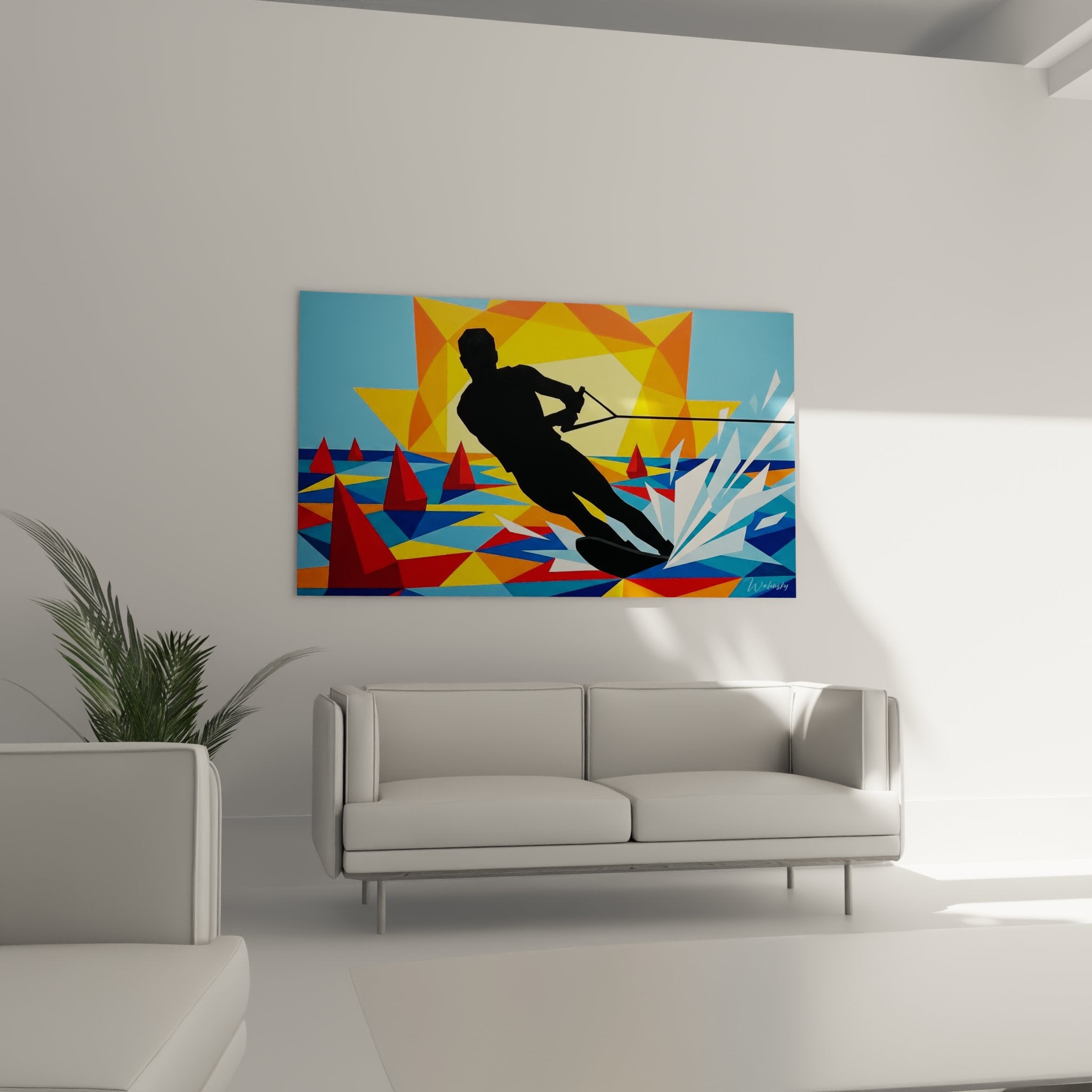 Détail tableau ski nautique montrant formes triangulaires colorées et silhouette sportif