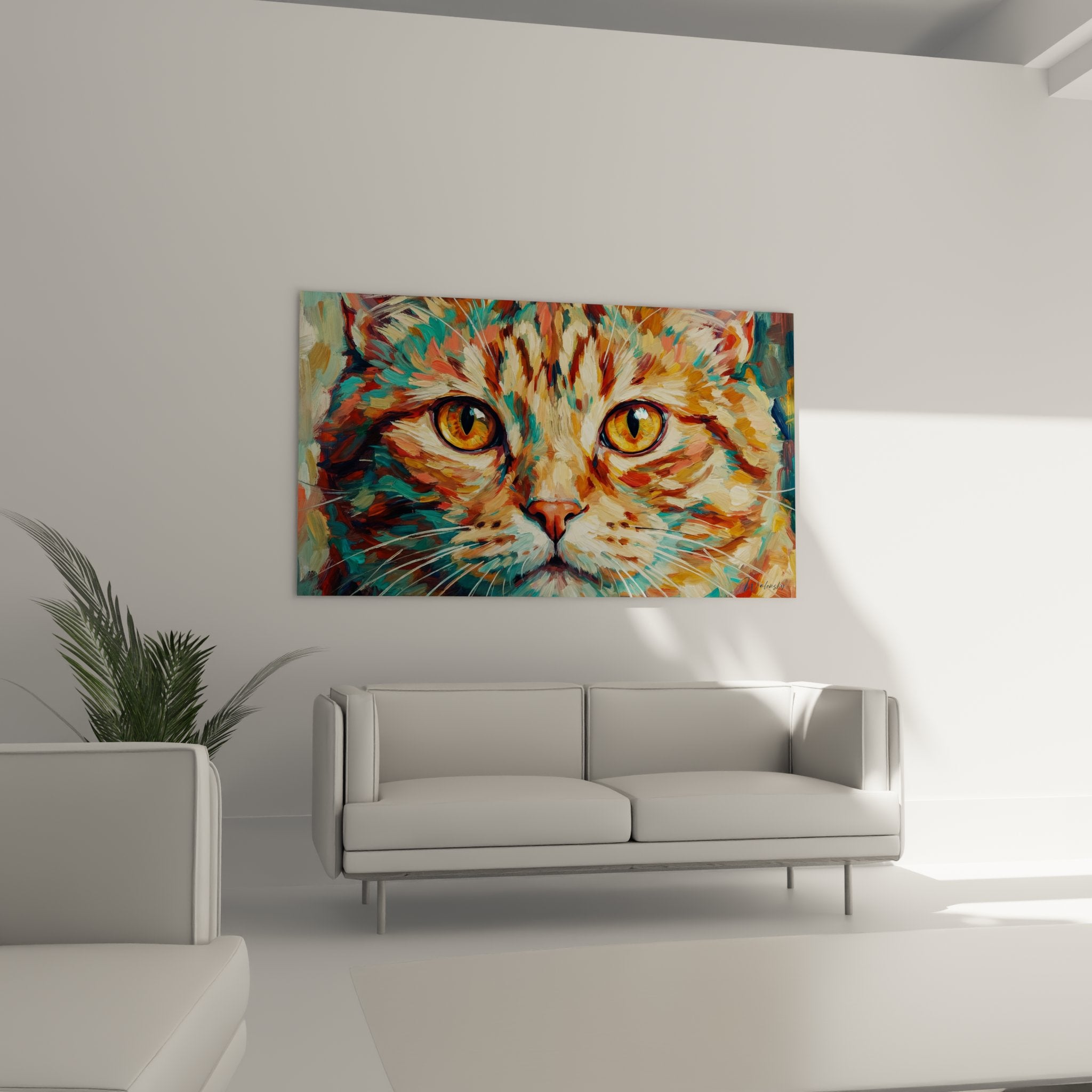 Close-up of the cat's golden eyes painted with artistic details of whiskers and muzzle