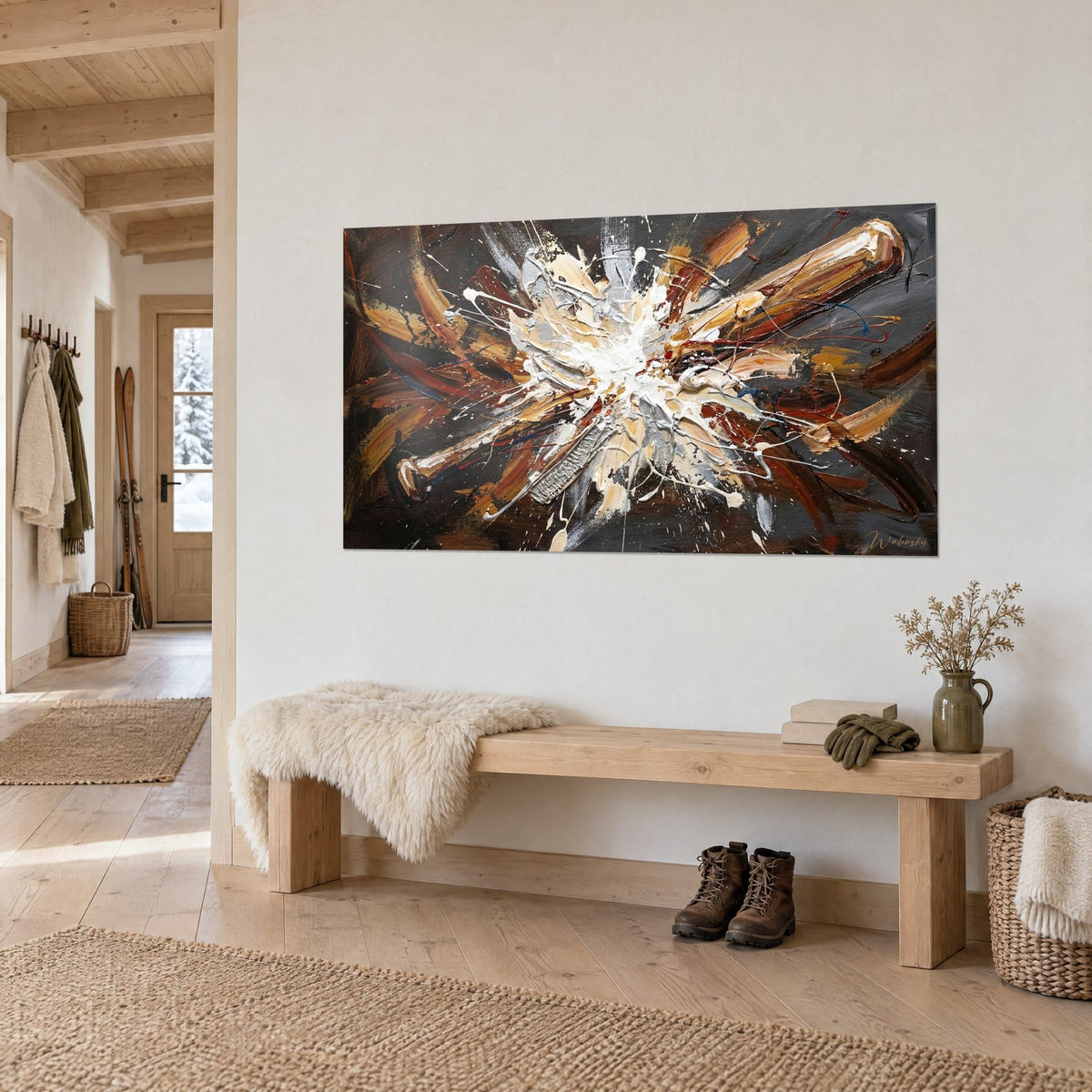 Wall art cream splash and copper-toned baseball bats, silver-grey impasto, hung above a wooden bench in the chalet entrance
