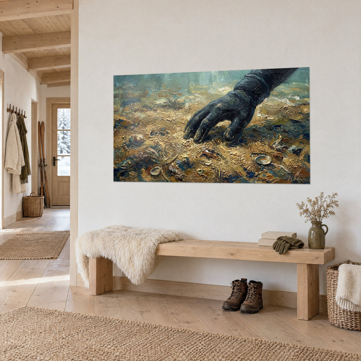 Wall art of a dark neoprene glove resting on an ochre and turquoise sandy background, thick oil impasto, in a chalet hallway