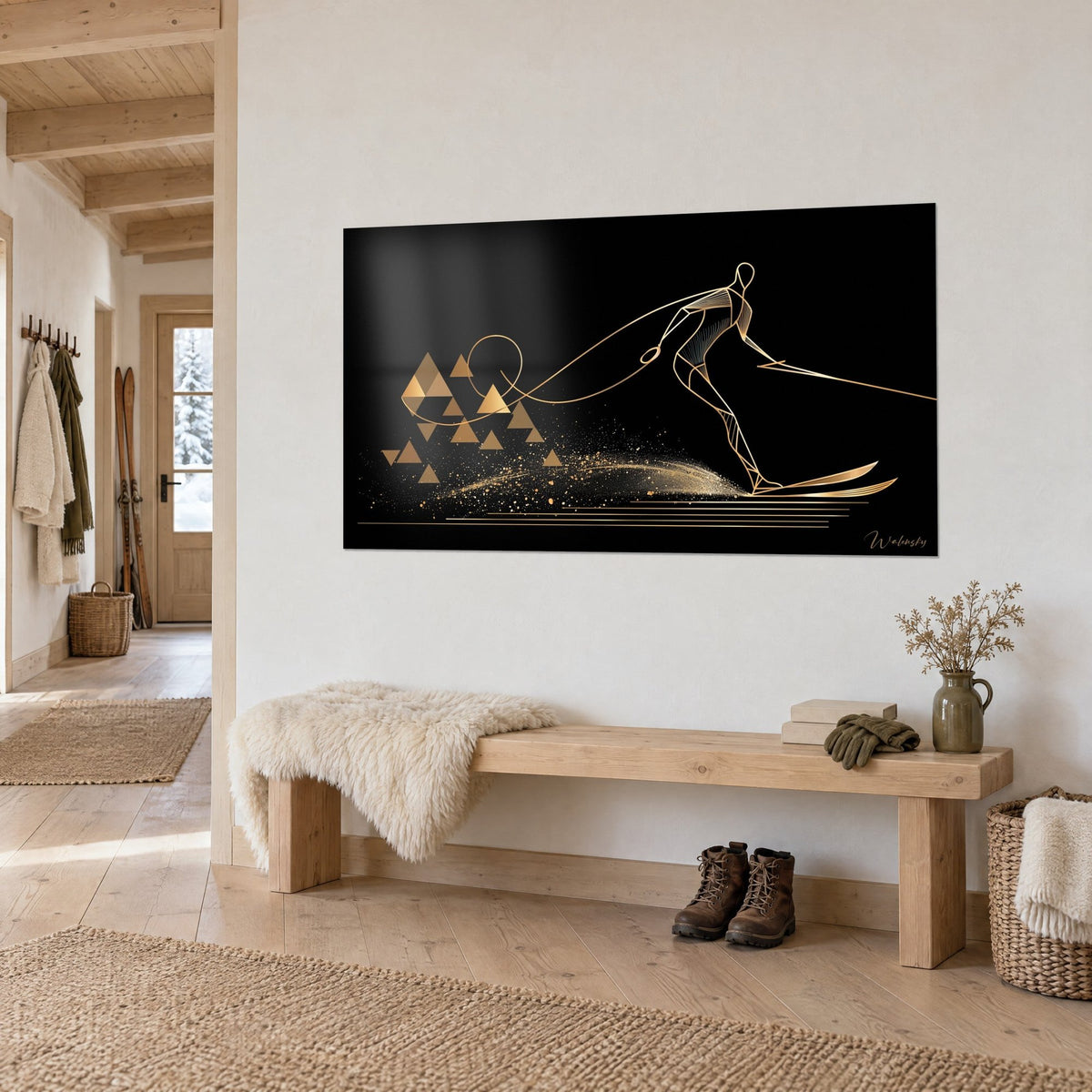 Tableau silhouette filaire dorée tirant sa corde sur fond noir, triangles cuivrés, vu de trois-quarts dans un chalet