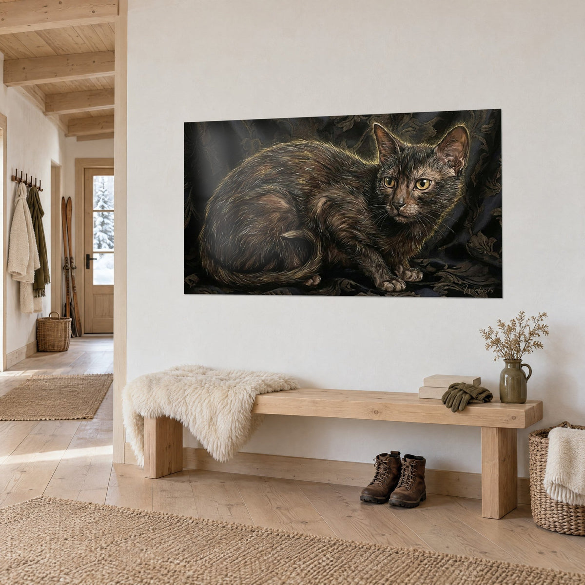 Wall art black and bronze cat curled up on dark brocade, intense golden gaze, three-quarter view in a chalet entrance hall