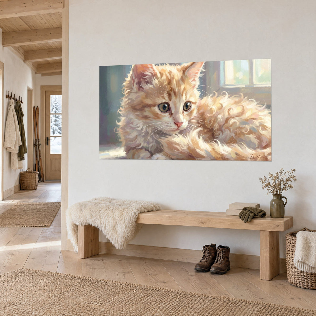 Quadro piccolo felino rosso dal pelo riccio, muso rosa e finestra azzurrata sullo sfondo, appeso sopra una panca in legno chiaro