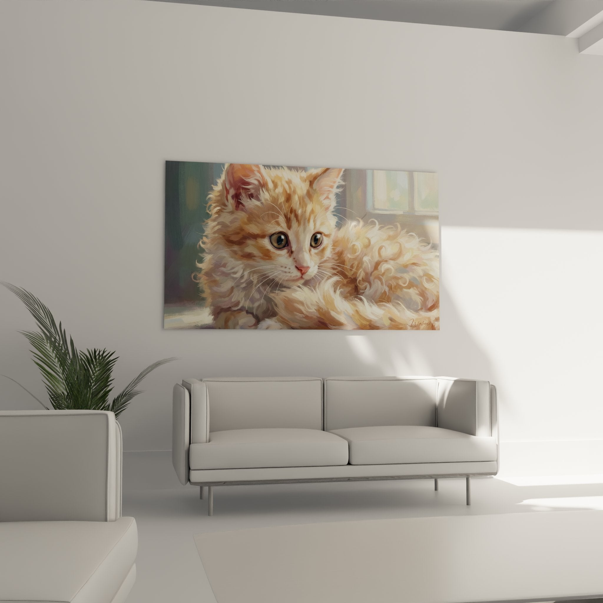 Primo piano quadro gattino Laperm mantello arricciato dettaglio artistico occhi espressivi razza felina