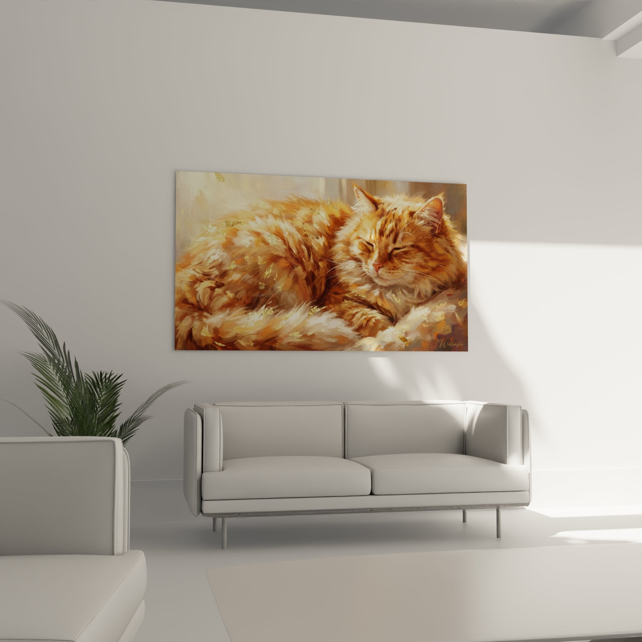 Dettaglio texture mantello gatto Ragamuffin dipinto, pennellate dorate e tecniche artistiche
