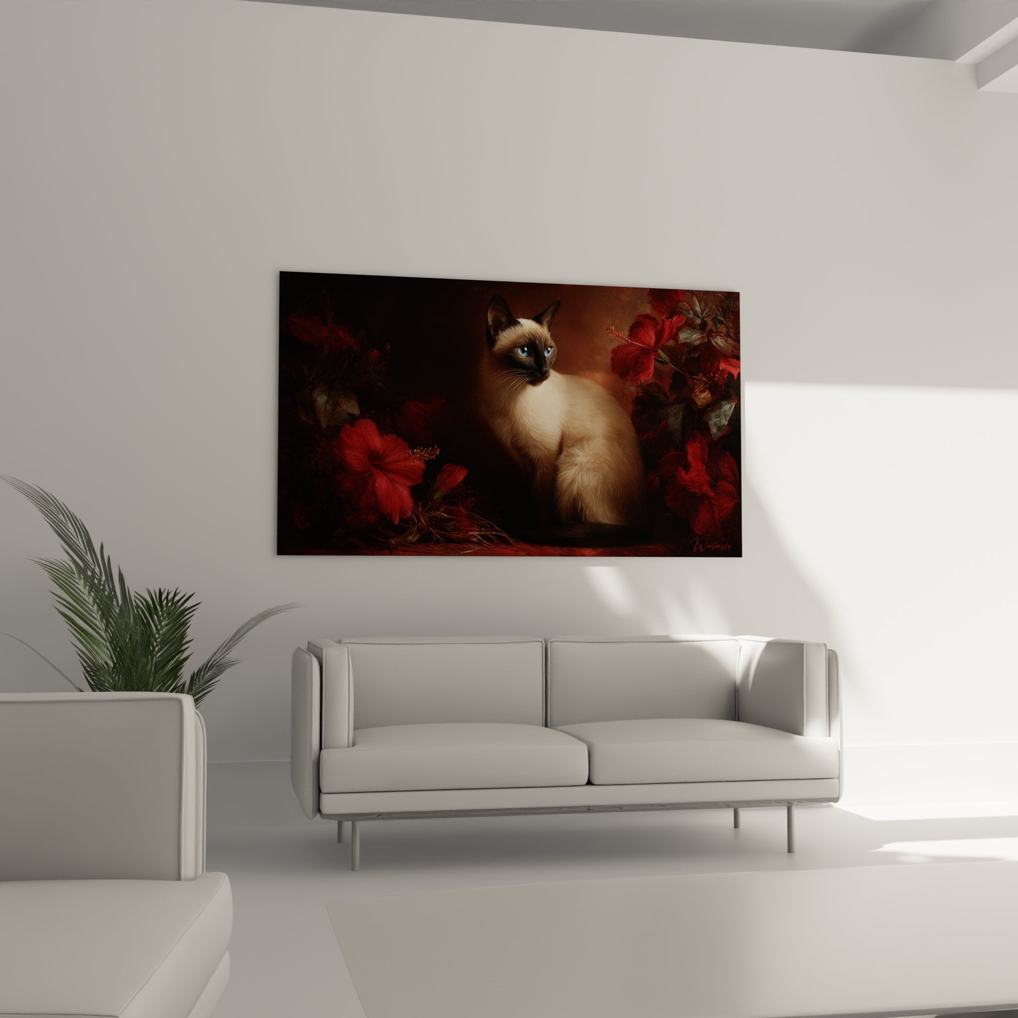 Gros plan tableau chat Balinais soyeux avec hibiscus rouge vermillon et détails artistiques raffinés