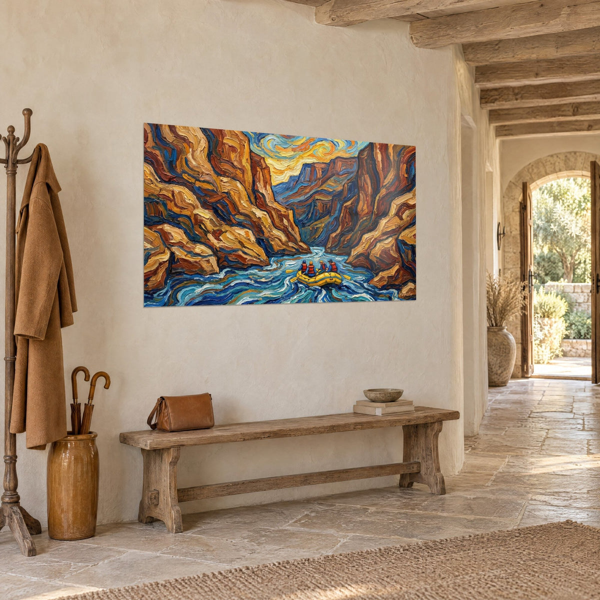 Wall art Sculpted gorges in ochre and rust impasto, yellow rafting on cobalt blue water, stone wall and wooden bench
