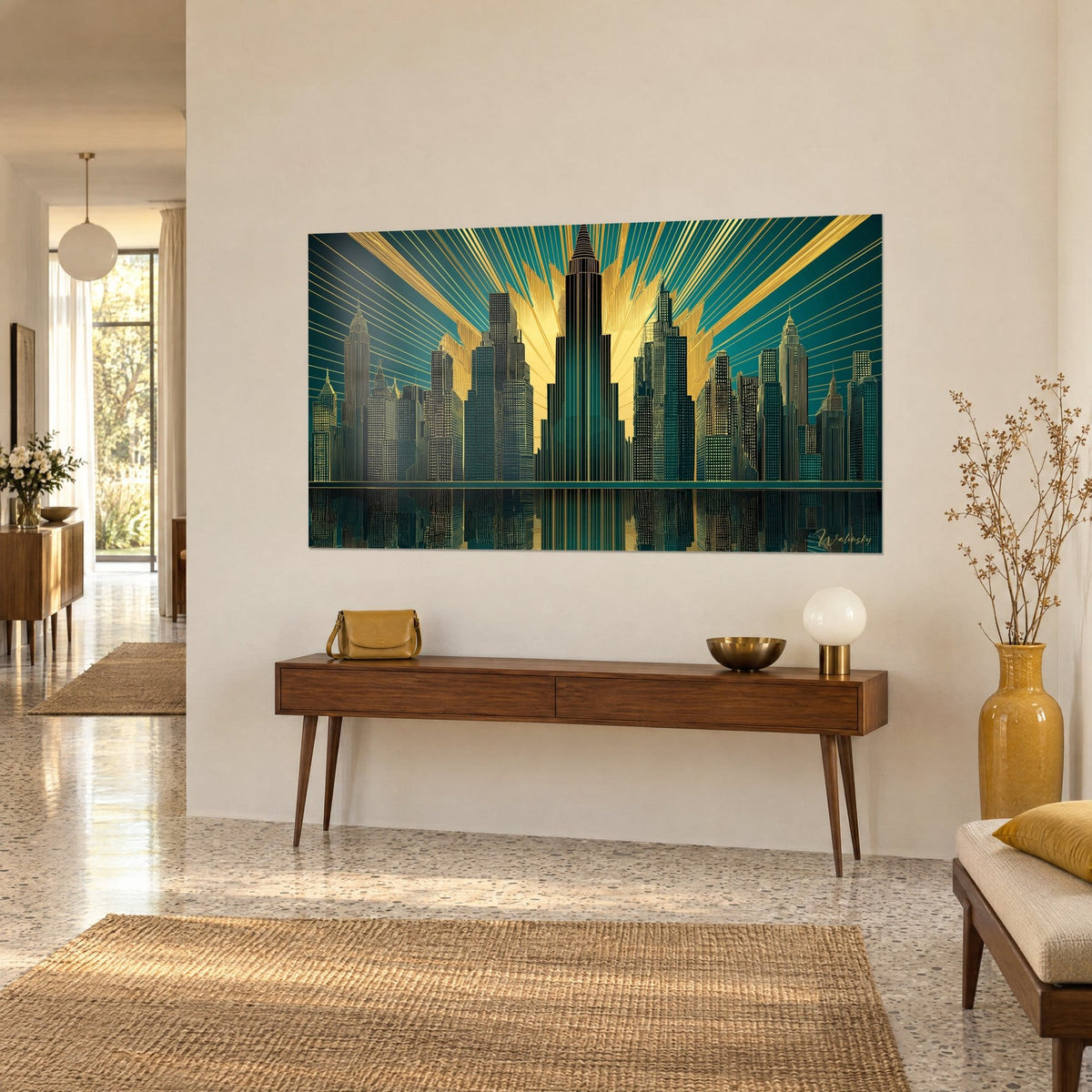 Tableau skyline new-yorkaise symétrique, tour centrale noire et éventail doré sur turquoise, sur un mur beige, console en bois
