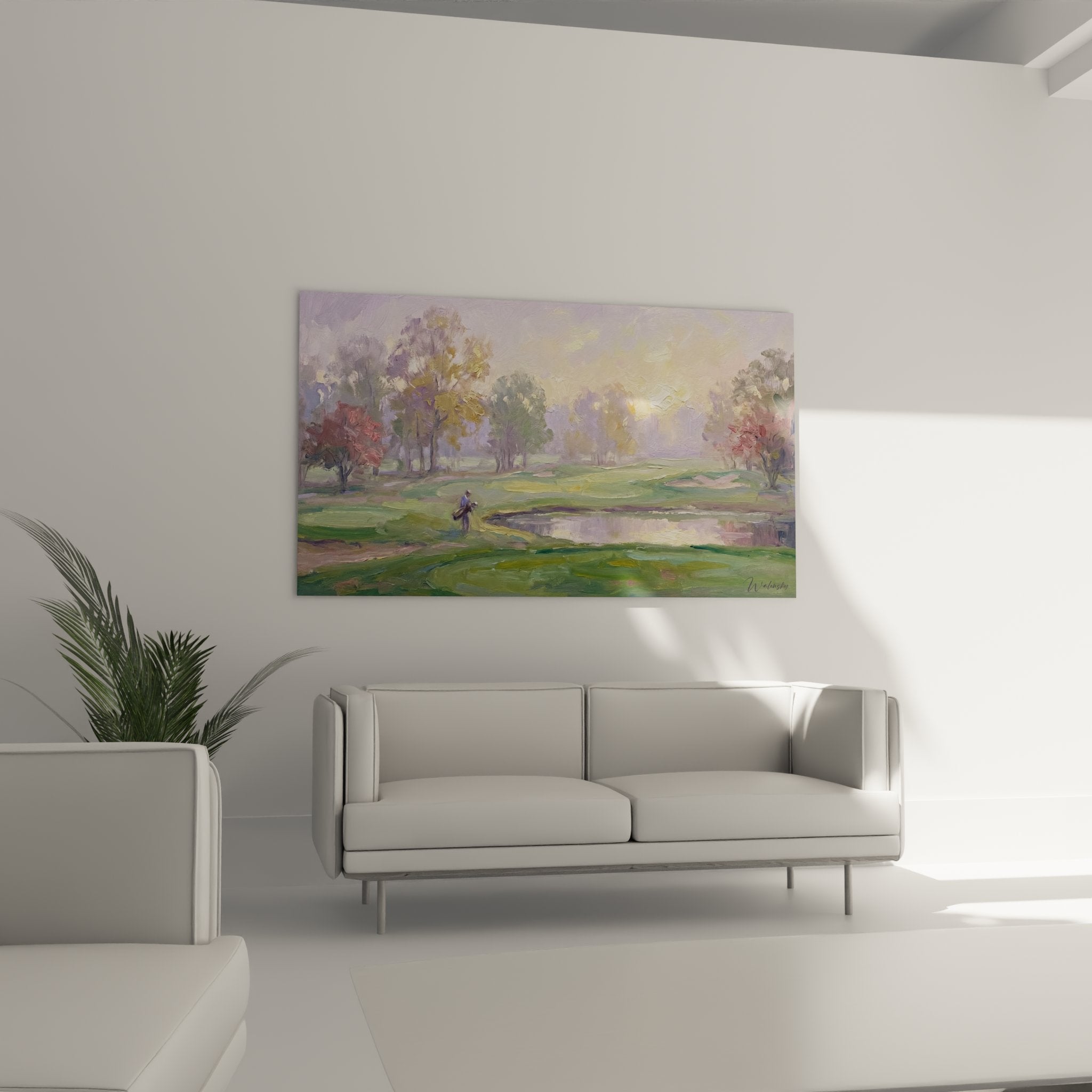 Detail peinture golf impressionniste technique pinceau visible couleurs melangees violet dore vert parcours nature