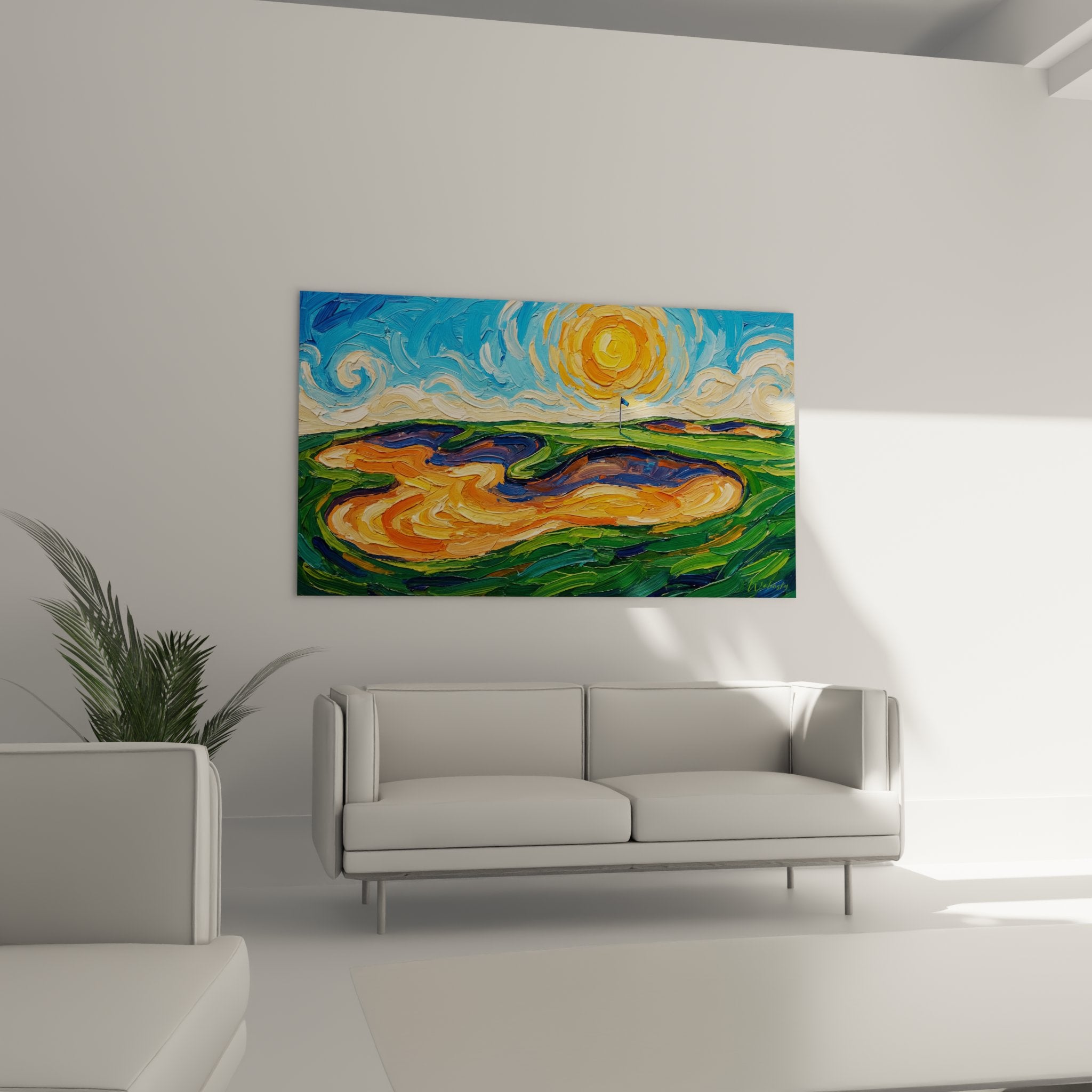 Detail tableau golf impressionniste montrant coups pinceau expressifs, bunkers orange et verts fairways